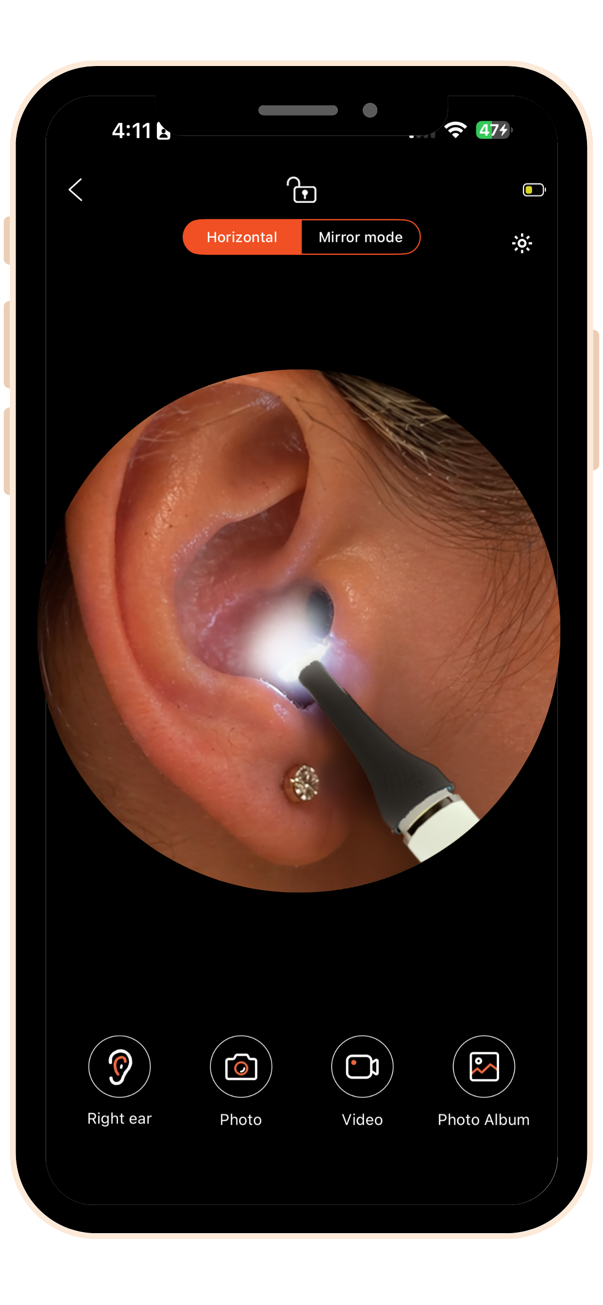 4:11 47%  
Horizontal Mirror mode  
Right ear  
Photo Video Photo Album