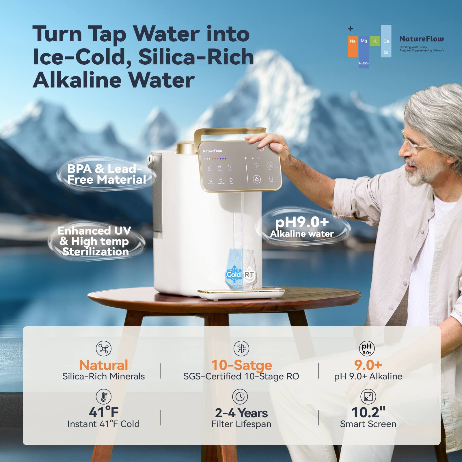 Turn Tap Water into Ice-Cold, Silica-Rich Alkaline Water

- BPA & Lead-Free Material
- Enhanced UV & High temp Sterilization
- pH9.0+ Alkaline water
- Natural Silica-Rich Minerals
- Instant 41°F Cold
- 10-Stage SGS-Certified RO
- pH 9.0+ Alkaline
- 2-4 Years Filter Lifespan
- 10.2" Smart Screen

NatureFlow
Drinking Water Daily Required Supplementing Minerals

Na Mg K Ca Sr
H2SiO3