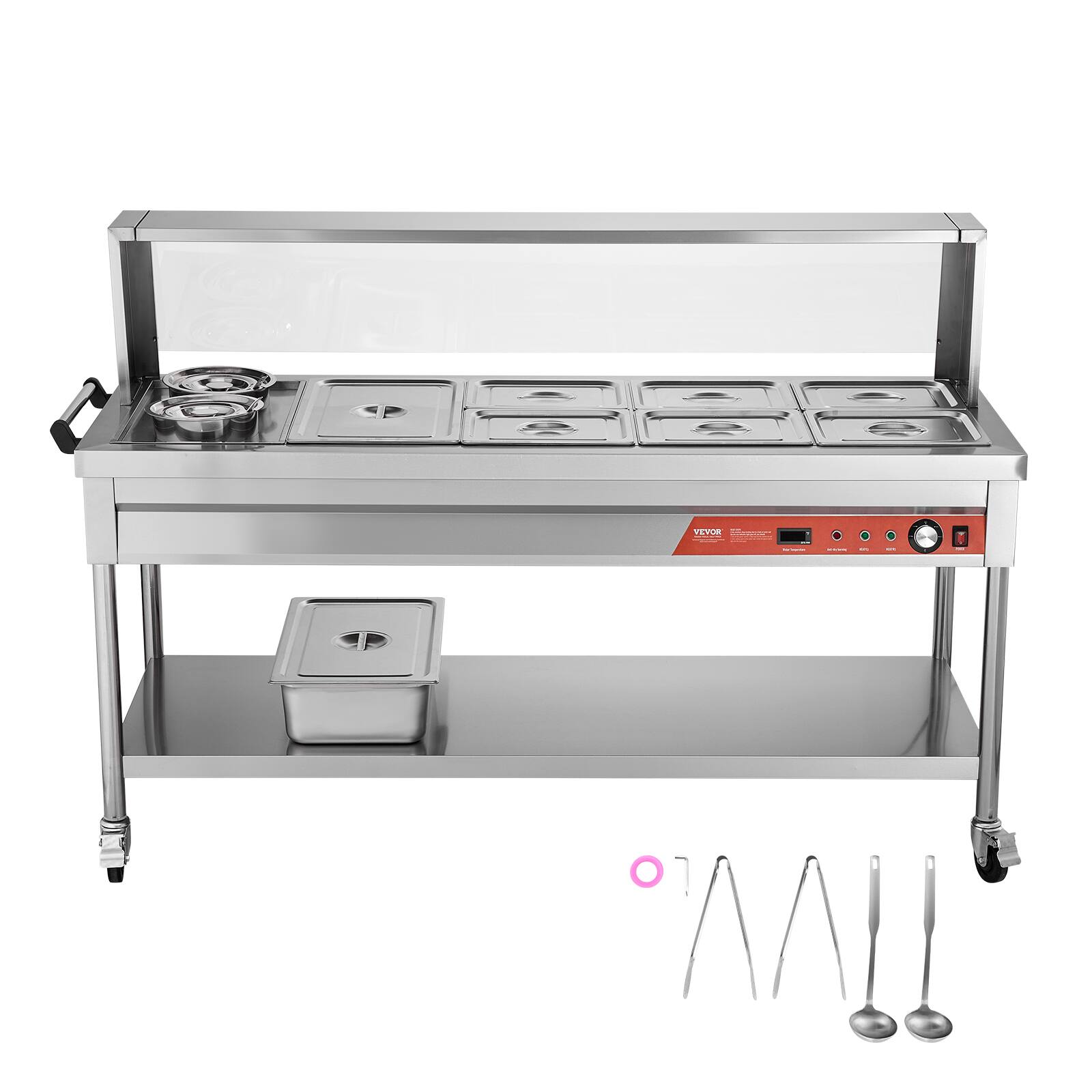 Alt View 5. VEVOR - Commercial Electric Food Warmer, 7 Pans + 2 Pots Steam Table, 1800W Professional Buffet Catering Food Warmer - Silver.