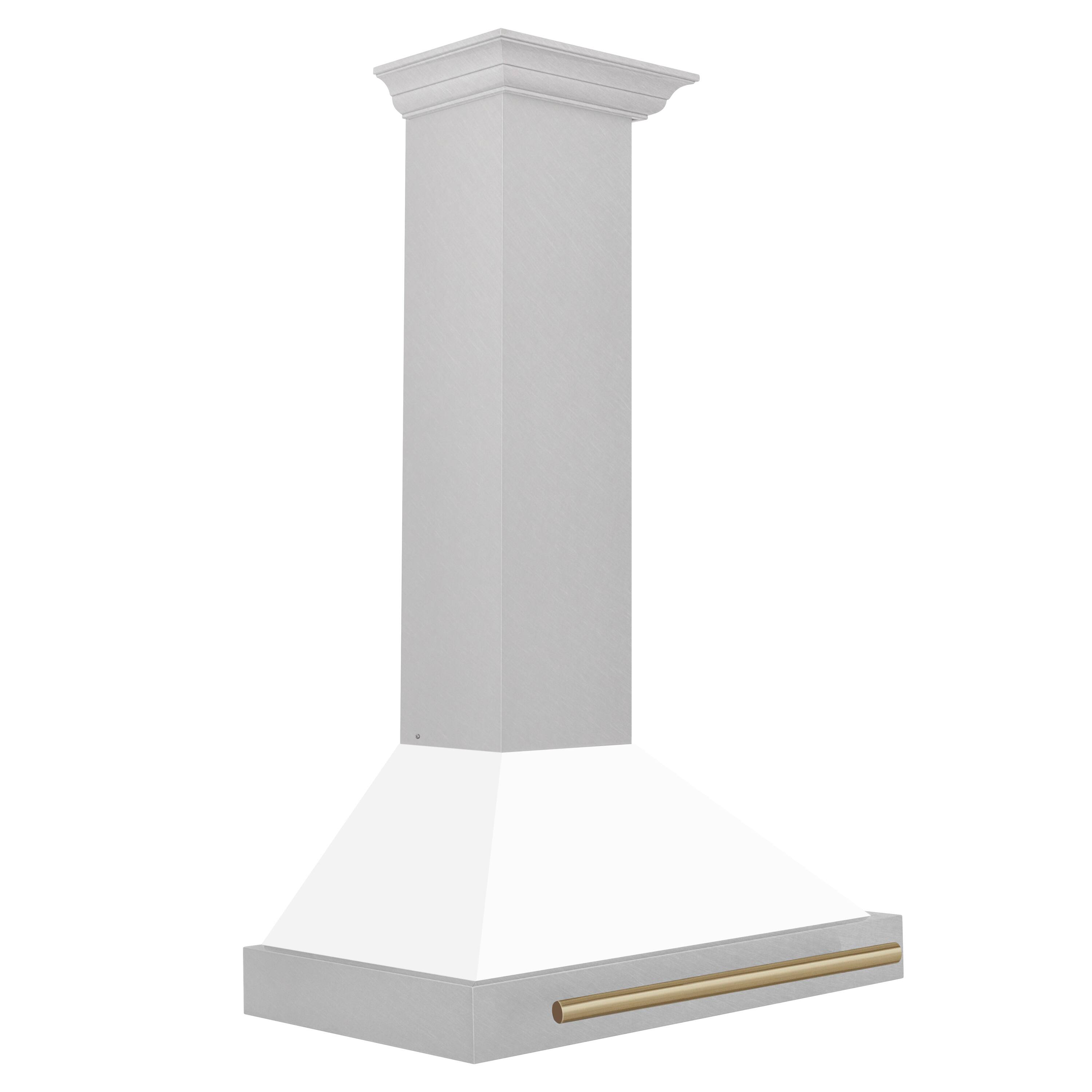 Angle. ZLINE - Autograph 30 in. Convertible Satin Stainless Steel Wall Mount Range Hood with White Matte Shell and Champagne Handle - Stainless steel.