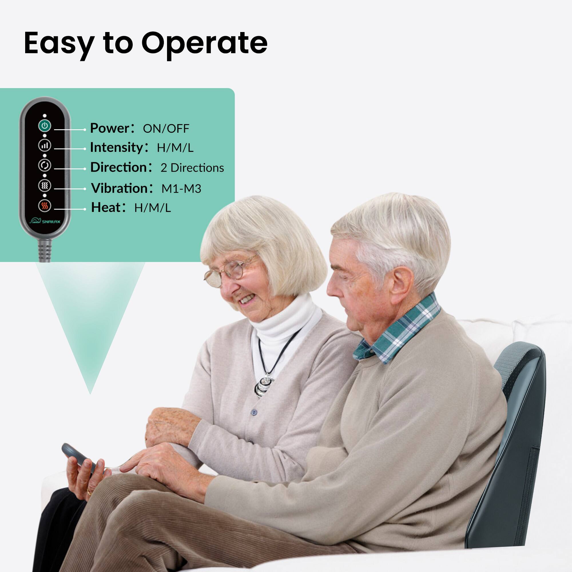 Easy to Operate. All III B Power: ON/OFF Intensity: H/M/L Direction: 2 Directions Vibration: M1-M3 Heat: H/M/L