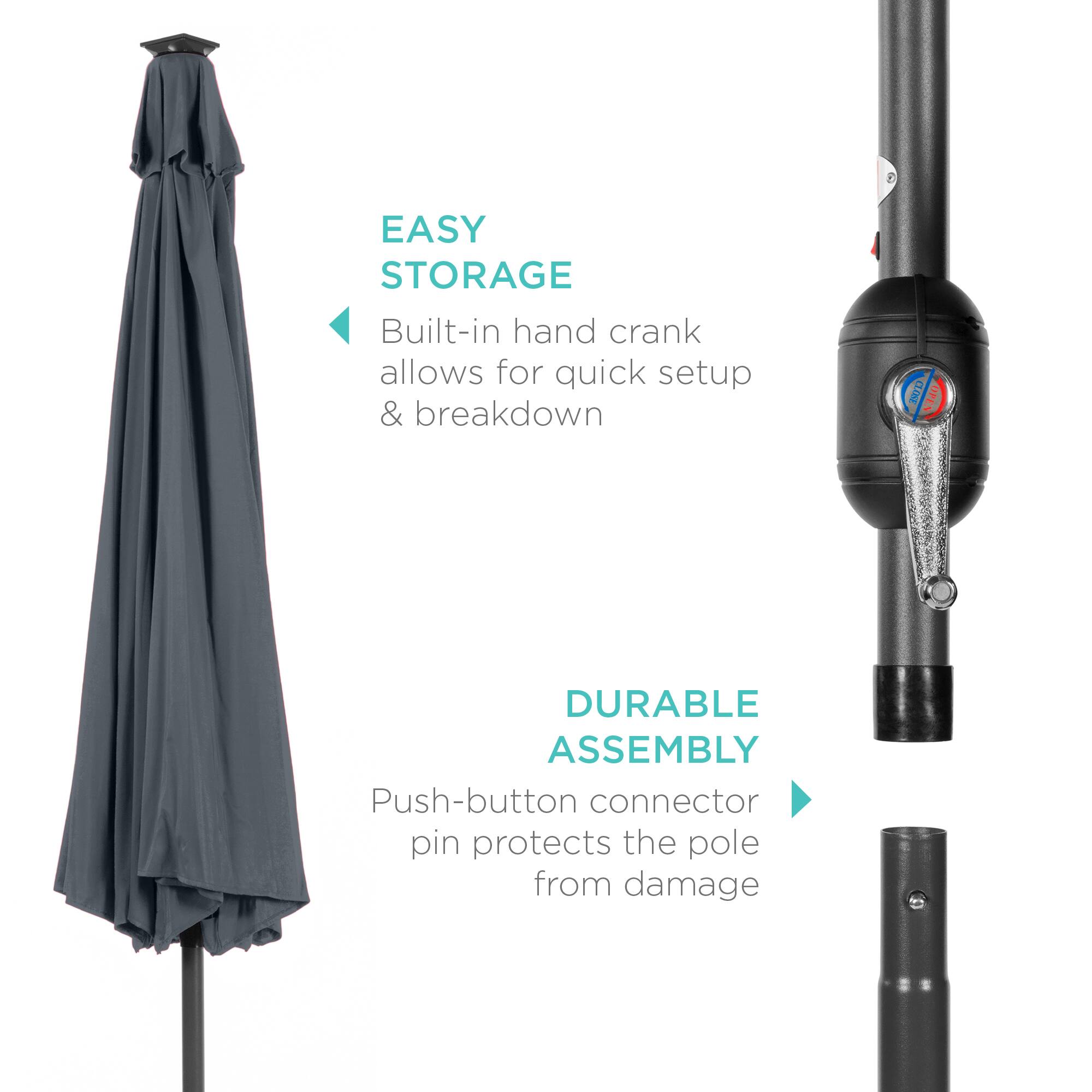 EASY STORAGE  
Built-in hand crank allows for quick setup & breakdown  

DURABLE ASSEMBLY  
Push-button connector pin protects the pole from damage