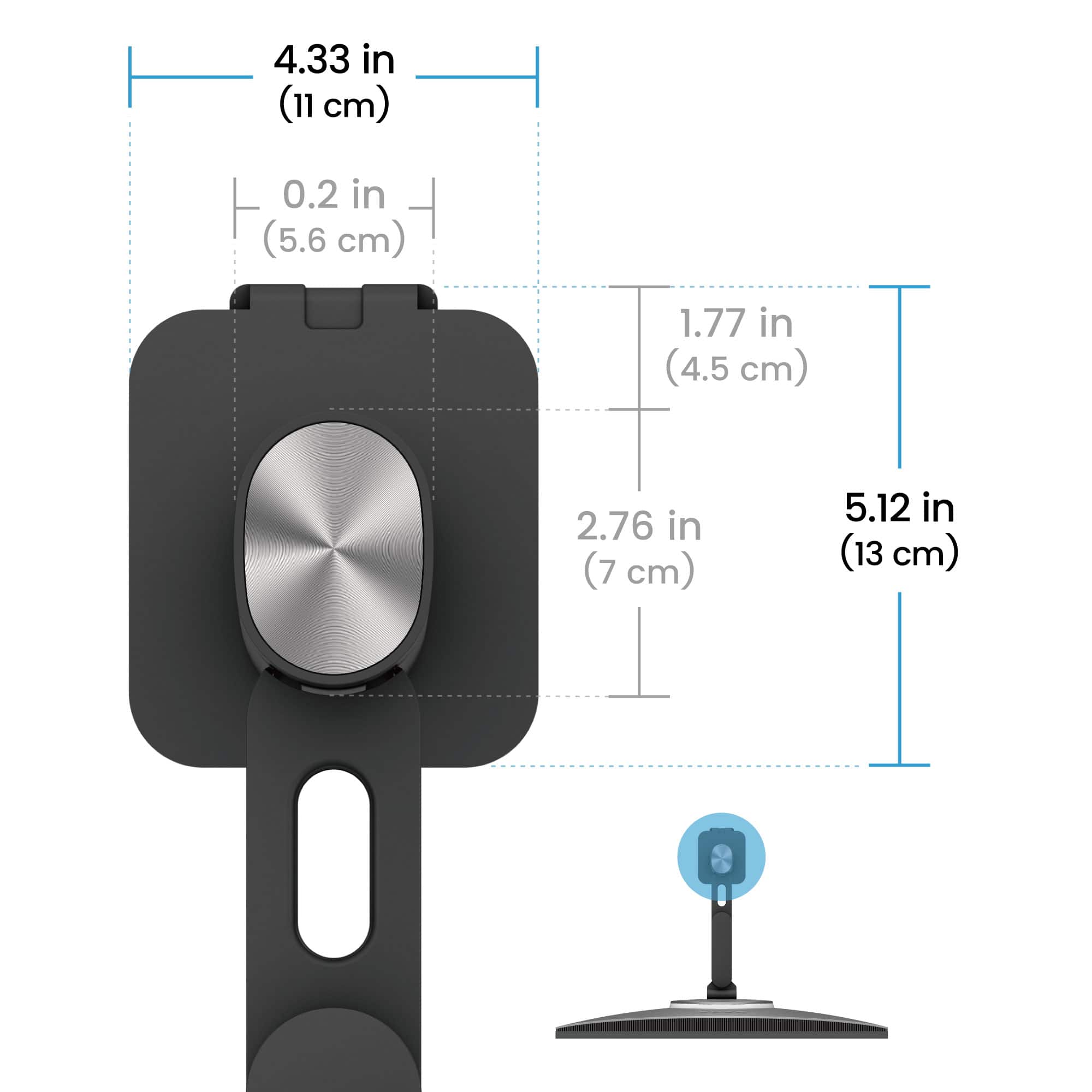The image shows a black object with a silver dial, which is 4.33 inches (11 cm) tall. The dial is 0.2 inches (5.6 cm) in diameter. The object is 1.77 inches (4.5 cm) wide, and the dial is 2.76 inches (7 cm) in diameter. The object is also 5.12 inches (13 cm) wide.