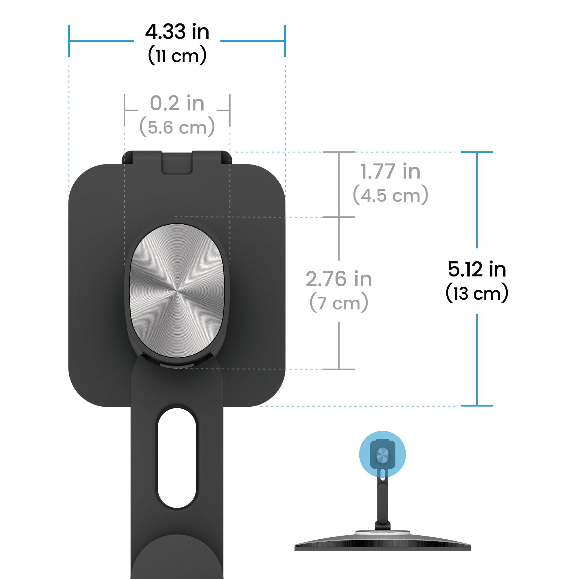 The image shows a black object with a silver dial, which is 4.33 inches (11 cm) tall. The dial is 0.2 inches (5.6 cm) in diameter. The object is 1.77 inches (4.5 cm) wide, and the dial is 2.76 inches (7 cm) in diameter. The object is also 5.12 inches (13 cm) wide.