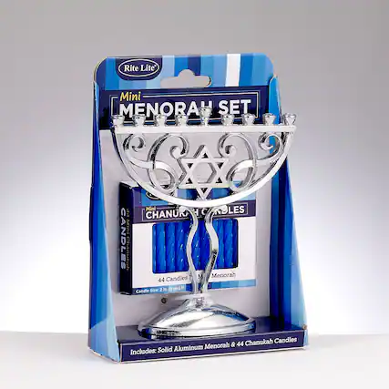 Rite Lite Mini Menorah Set
Mini Chanukah Candles
44 Candles
Candle Size: 2 in. (5 cm)
Includes: Solid Aluminum Menorah & 44 Chanukah Candles