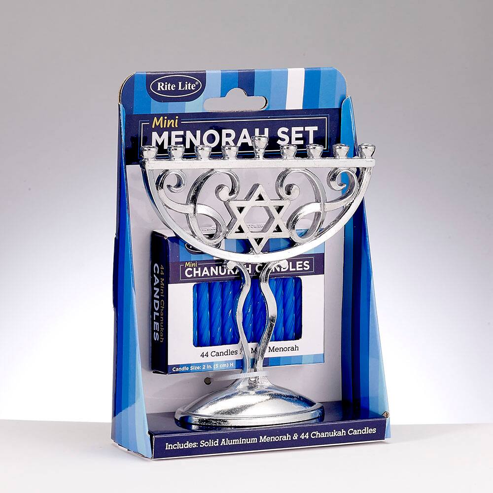 Rite Lite Mini Menorah Set  
Mini Chanukah Candles  
44 Candles  
Candle Size: 2 in. (5 cm)  
Includes: Solid Aluminum Menorah & 44 Chanukah Candles