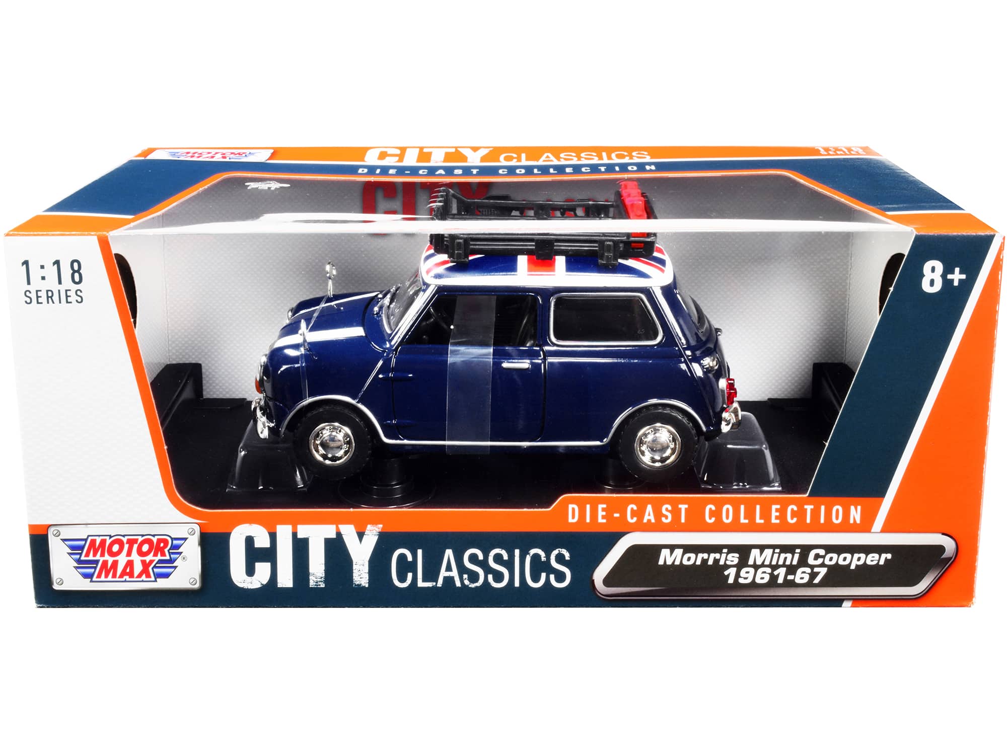 1961-1967 Morris Mini Cooper RHD Dark Blue with British Flag on the Top and Roof Rack 1/18 Diecast Model Car by Motormax price history on PriceWatchPro