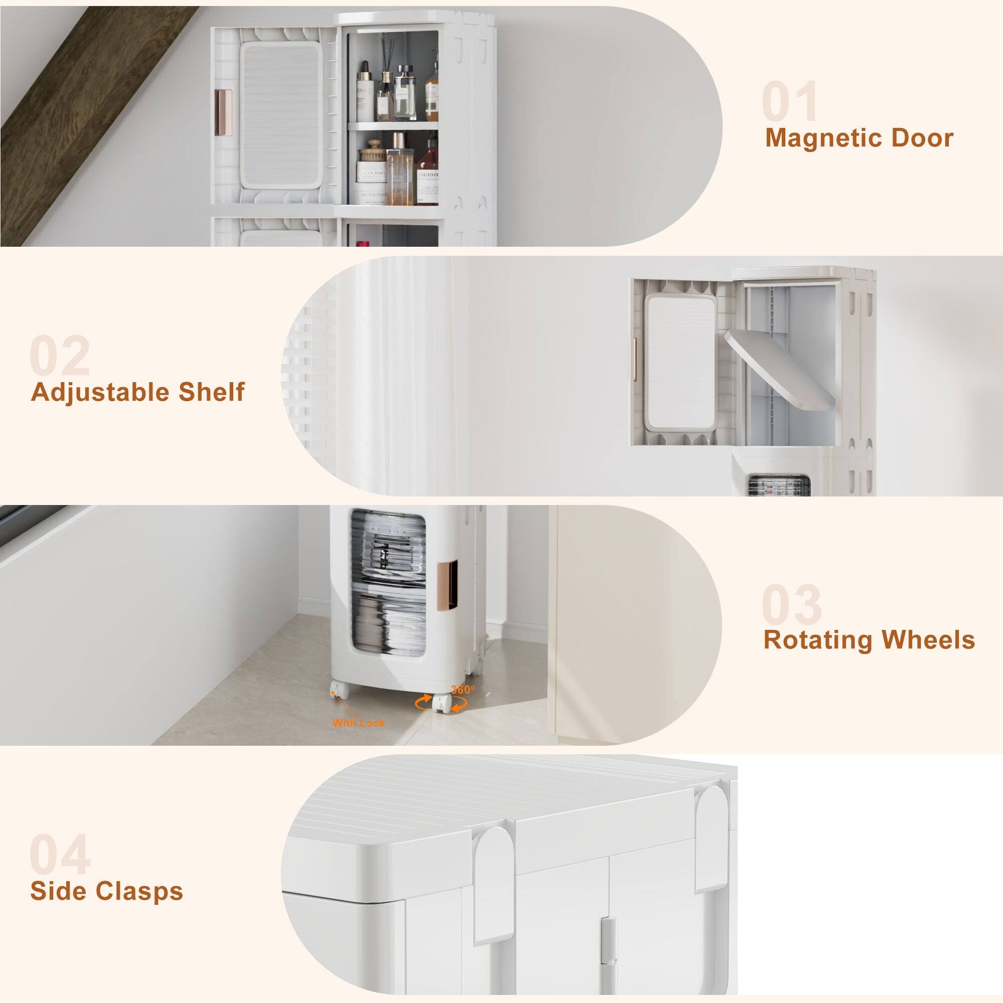 01 Magnetic Door  
02 Adjustable Shelf  
03 Rotating Wheels With Lock 360  
04 Side Clasps
