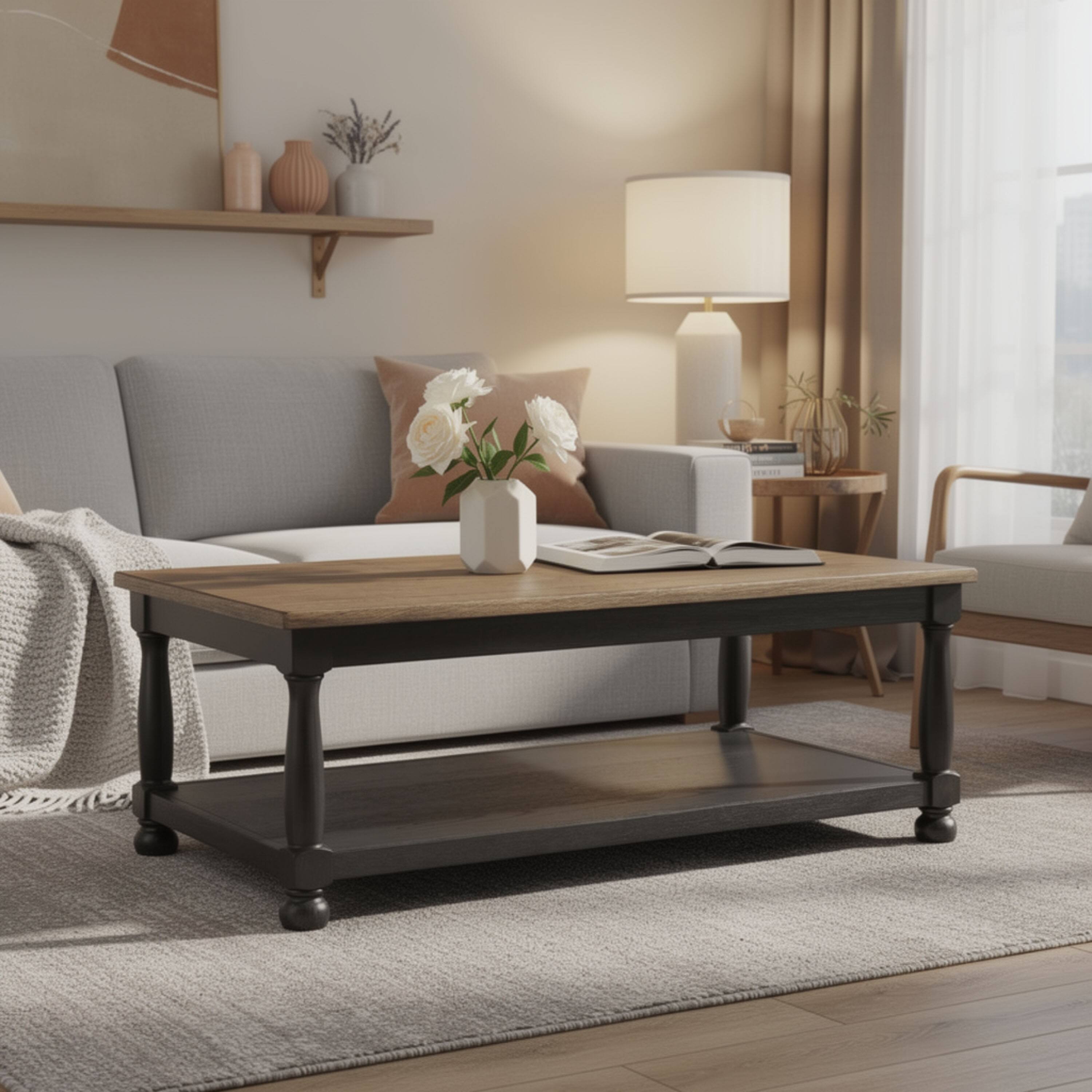 Alt View 6. Manhattan Lane - Ginie Coffee Table, 2 Tone Rustic Black, Brown Rubberwood, 48 Inch - Black, Brown.