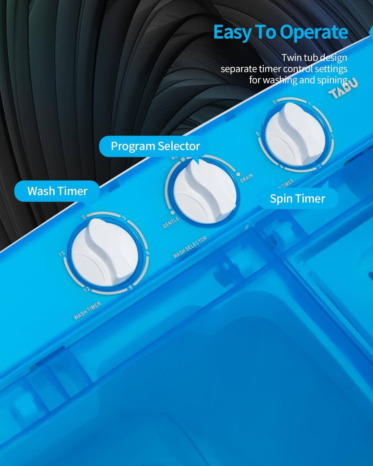 Easy To Operate  
Twin tub design separate timer control settings for washing and spinning  

Program Selector  
GENTLE  
WASH  
DRAIN  

Wash Timer  
0 15 3 6  

Spin Timer  
12 TIMER  

WASH TIMER