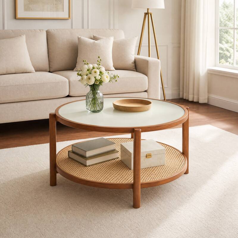 Angle. WELLFOR - 35" Rattan Coffee Table with Frosted Tempered Glass Top & Storage Shelf, Round Center Table Cocktail Tea Table - Walnut.