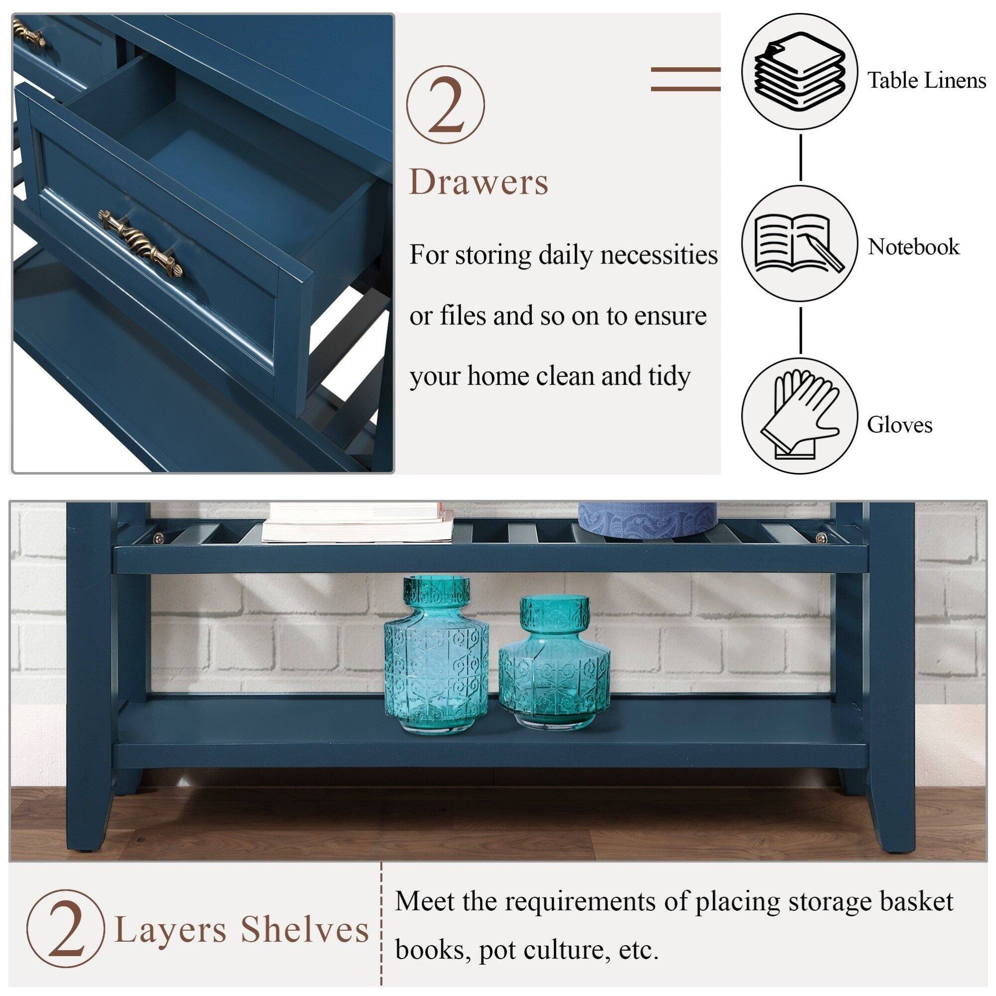 2 Drawers  
For storing daily necessities or files and so on to ensure your home clean and tidy  

Table Linens  
Notebook  
Gloves  

2 Layers Shelves  
Meet the requirements of placing storage basket books, pot culture, etc.