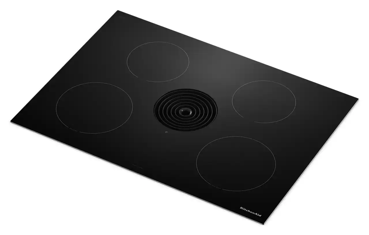 Left. KitchenAid - 30" Electric Induction Cooktop with 4 Cooking Zones and Quiet Ventilation - Black.