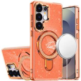 Kitcheniva - Translucent Glitter Magnetic Circle Phone Case With Tempered Glass For Samsung S26 Ultra - Orange