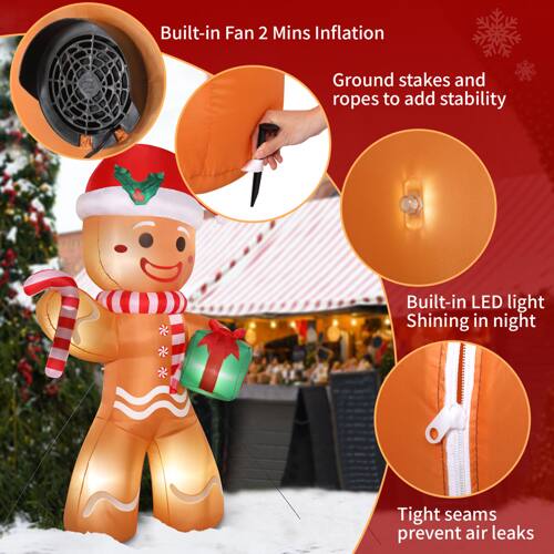 Built-in Fan 2 Mins Inflation  
Ground stakes and ropes to add stability  
Built-in LED light Shining in night  
Tight seams prevent air leaks