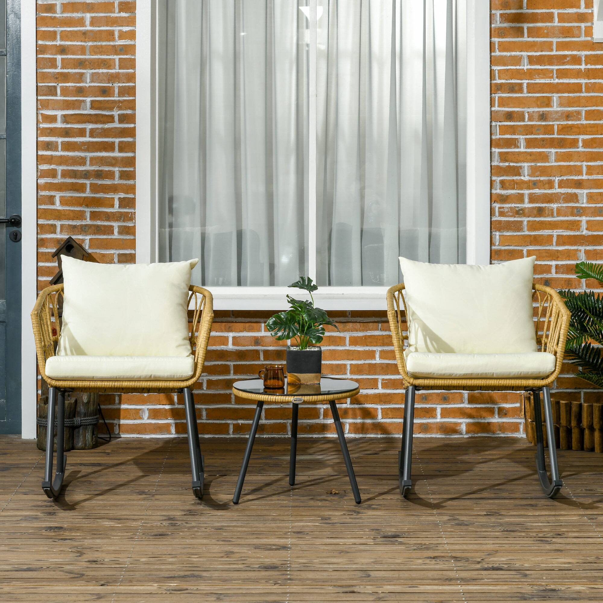 Alt View 1. Outsunny - Wicker Outdoor Rocking Chair Set, 3 Piece Patio Bistro Set with 2 Porch Rocker Chairs - Cream White.