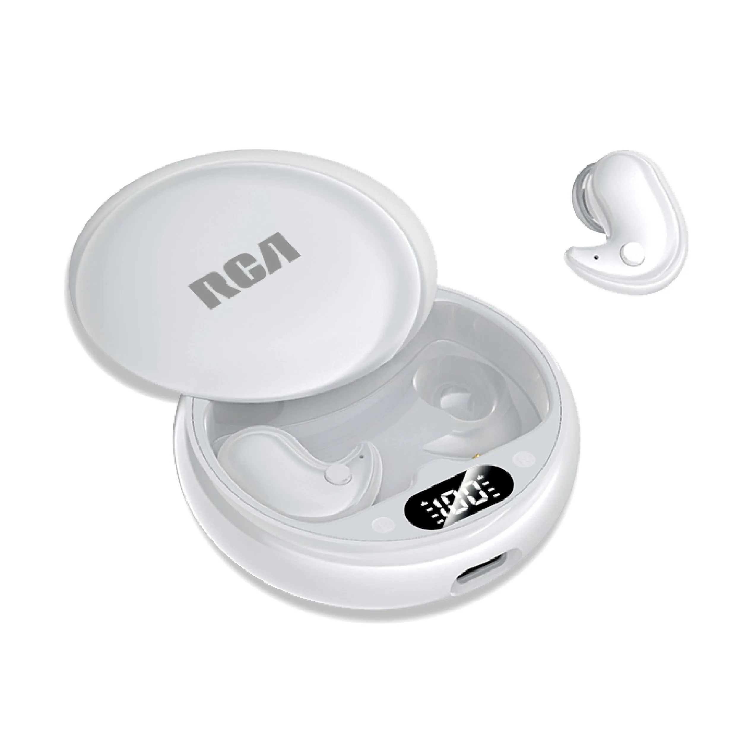 The image shows a pair of white wireless earbuds with a charging case. The case is open, revealing the earbuds inside, and one earbud is placed outside the case. The brand "RCA" is visible on the top of the case.