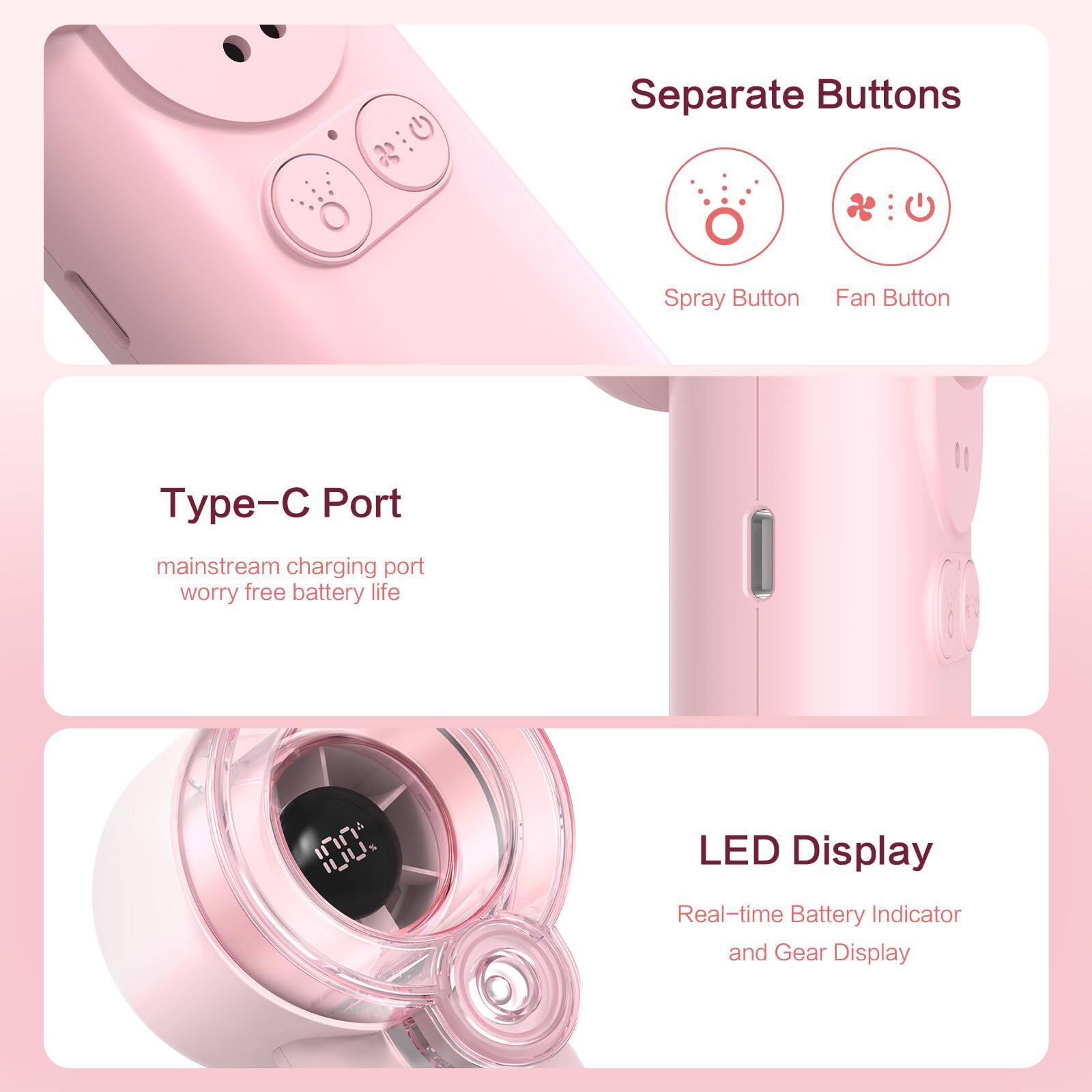 Separate Buttons: Spray Button, Fan Button  
Type-C Port: mainstream charging port, worry-free battery life  
LED Display: Real-time Battery Indicator and Gear Display