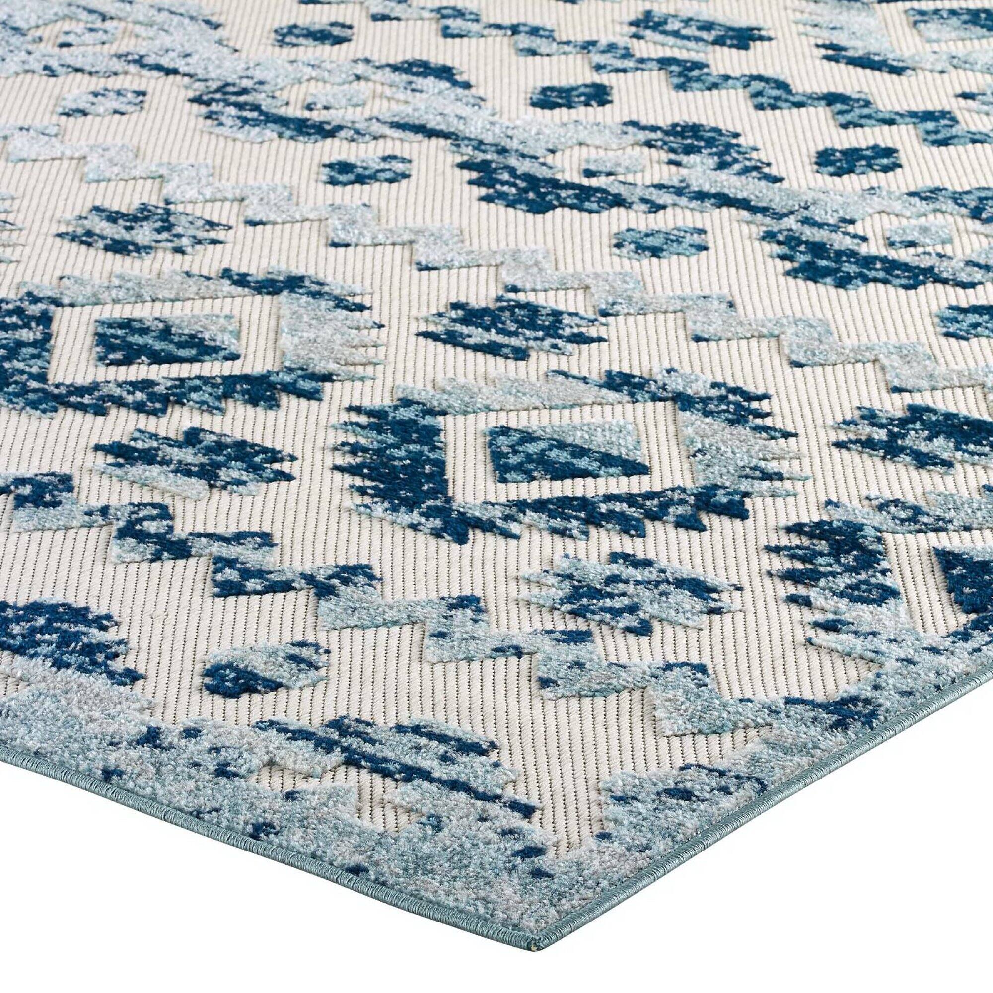 Alt View 4. Modway - Reflect Takara Abstract Diamond Moroccan Trellis Indoor and Outdoor Area Rug - Ivory and Blue.