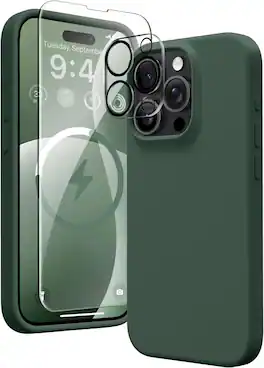 Entronix - iPhone 13 Pro Max Bundle - Liquid Silicone Case with Screen and Camera Lens Protectors - Green