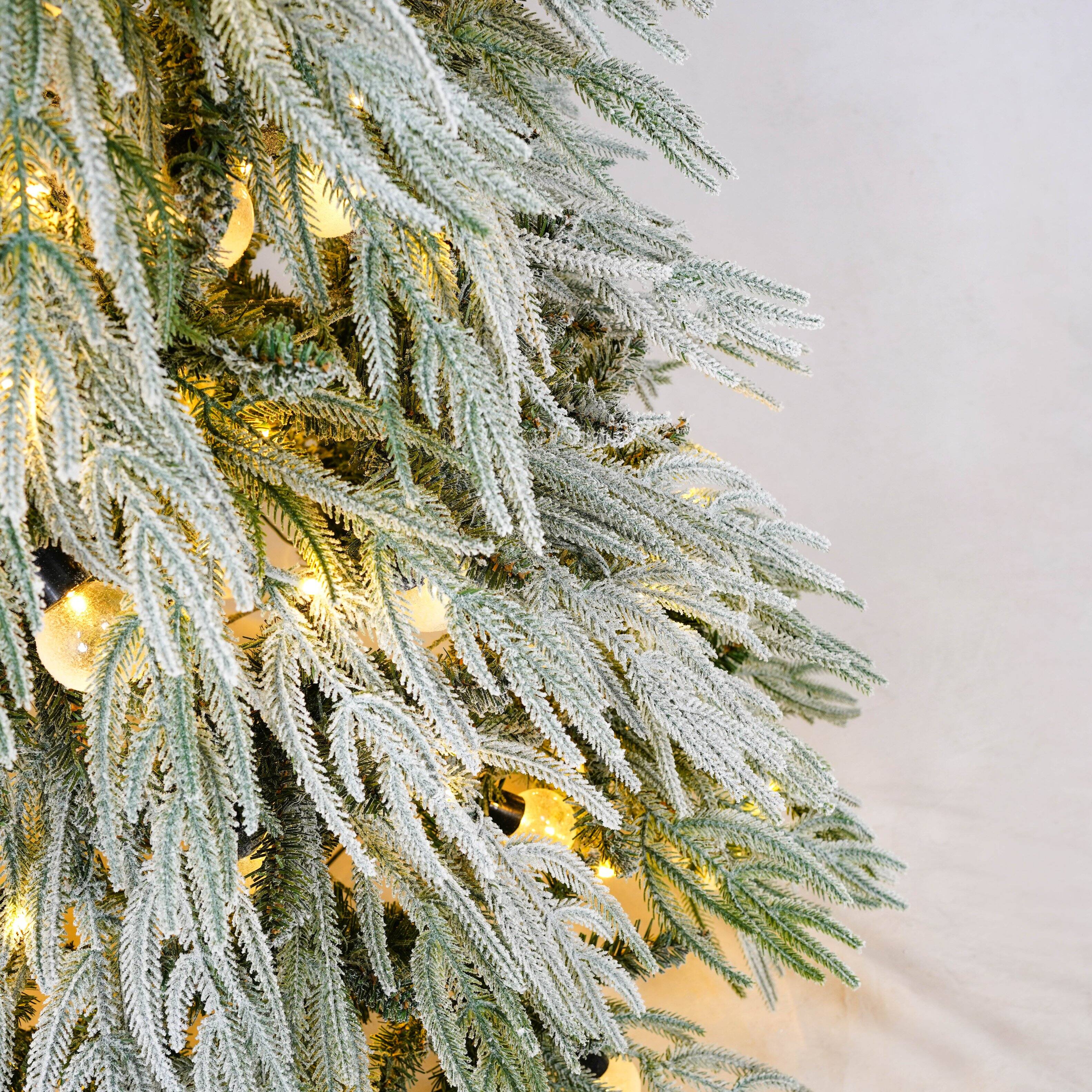 Angle. Jandcase - 5FT Pre-Lit Spruce Snow Flocked Christmas Tree, Artificial Hinged Xmas Tree with LED Lights, Holiday Office Home Décor - White+Green.