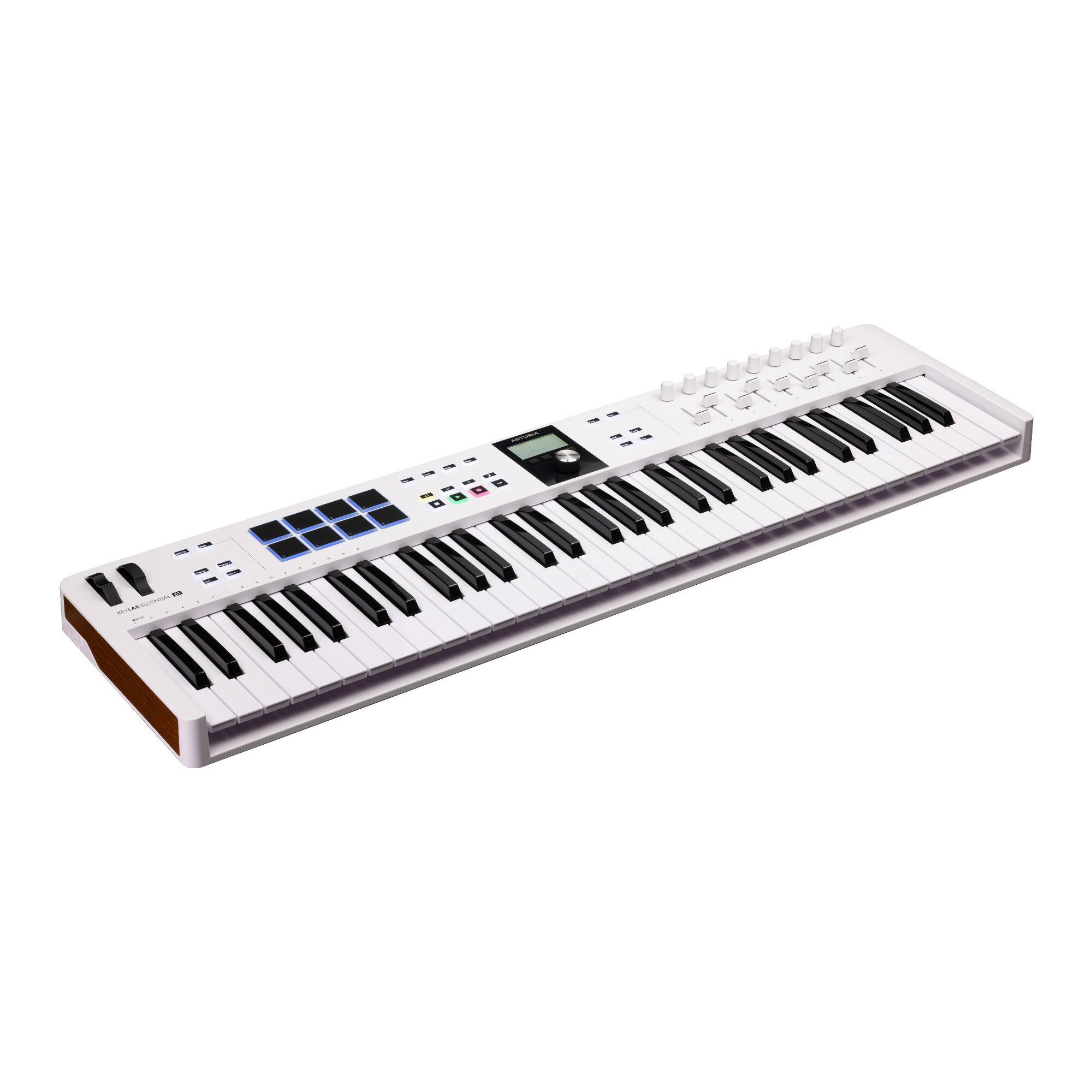 Left. Arturia - KeyLab Essential mk3 61-Key MIDI Controller with Semi-Weighted Keys, Pads, Faders, and Software Bundle - White.