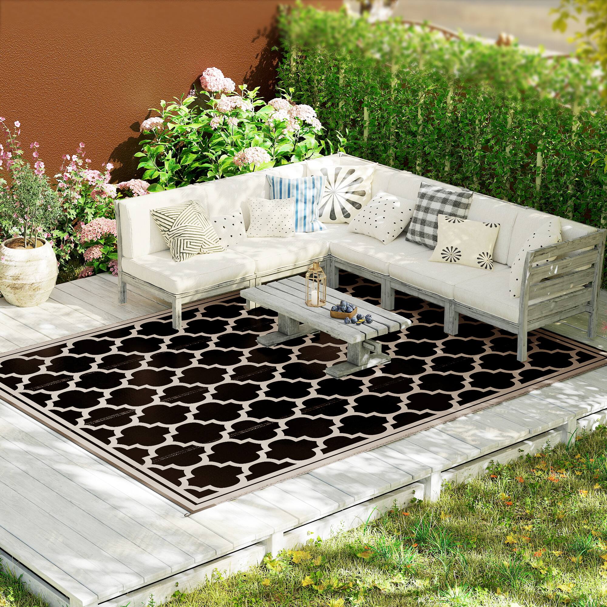 Alt View 8. Outsunny - Reversible Outdoor Rug, 9' x 12' Waterproof Plastic Straw Floor Mat, Portable RV Camping Carpet - Black, Beige.