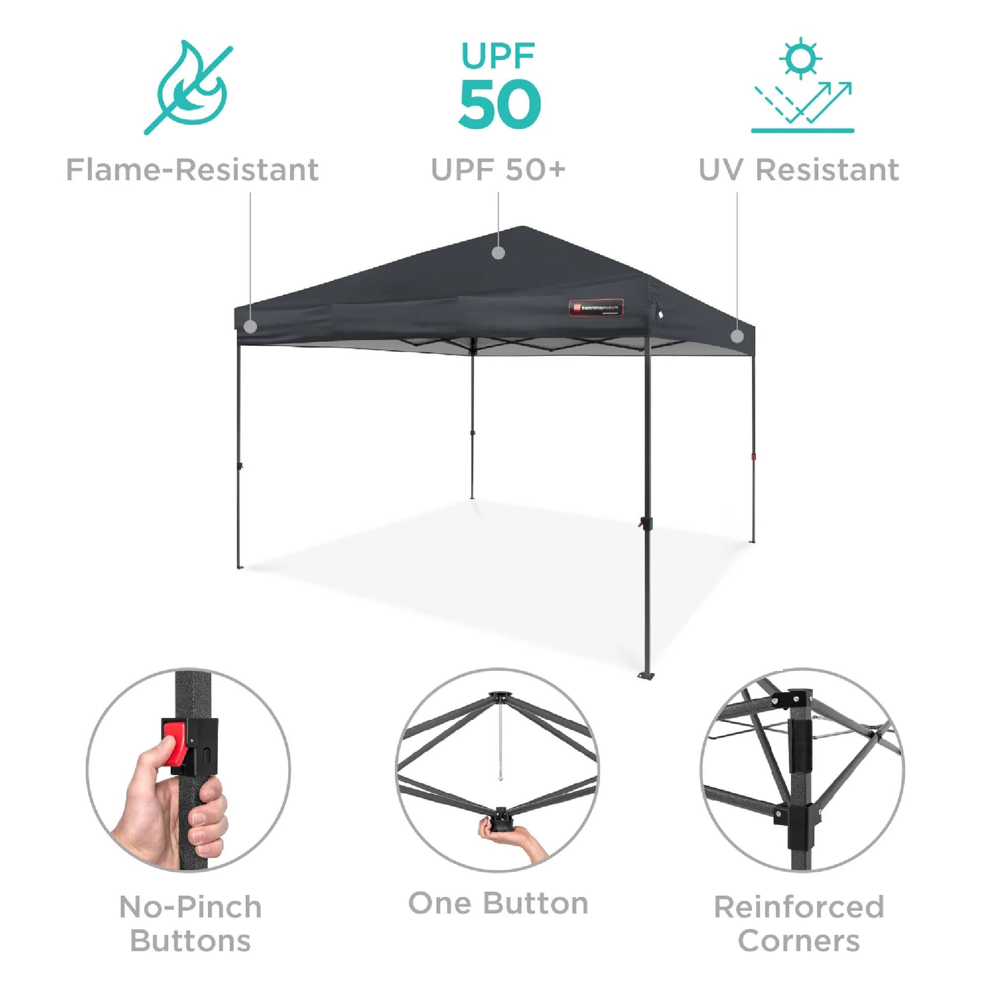 - Flame-Resistant
- UPF 50+
- UV Resistant
- No-Pinch Buttons
- One Button
- Reinforced Corners