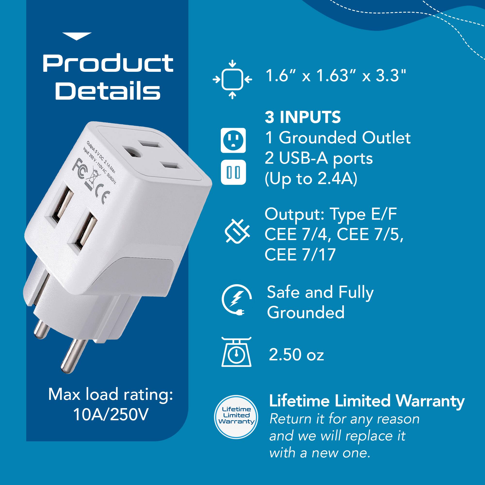 Product Details

- 1.6" x 1.63" x 3.3"
- 3 INPUTS
  - 1 Grounded Outlet
  - 2 USB-A ports (Up to 2.4A)
- Output: Type E/F, CEE 7/4, CEE 7/5, CEE 7/17
- Safe and Fully Grounded
- 2.50 oz
- Max load rating: 10A/250V
- Lifetime Limited Warranty
  - Return it for any reason and we will replace it with a new one.