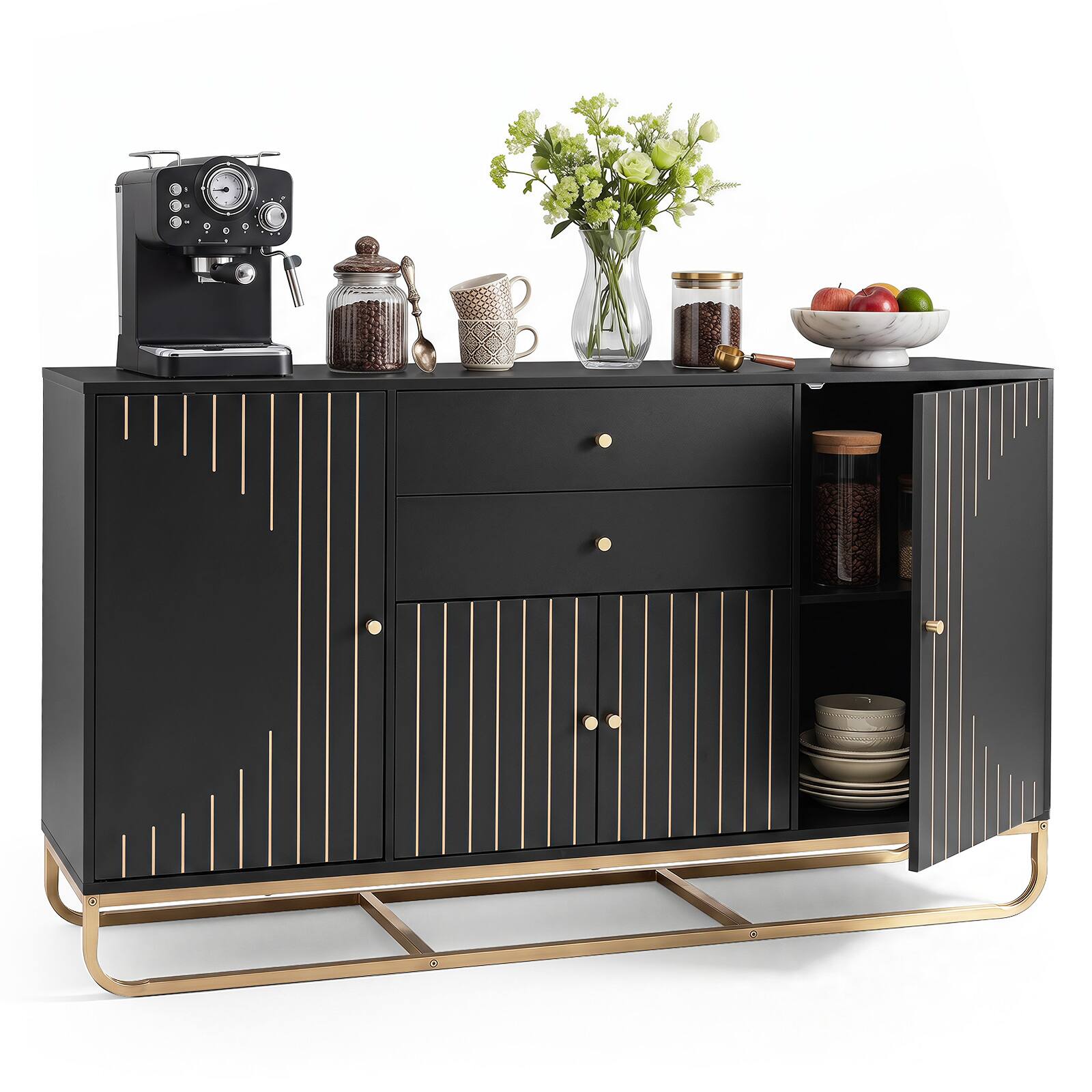 Alt View 1. Costway - Costway Buffet Sideboard Cabinet with 2 Drawers Geometric Design 5-Level Adjustable Shelves - Black.