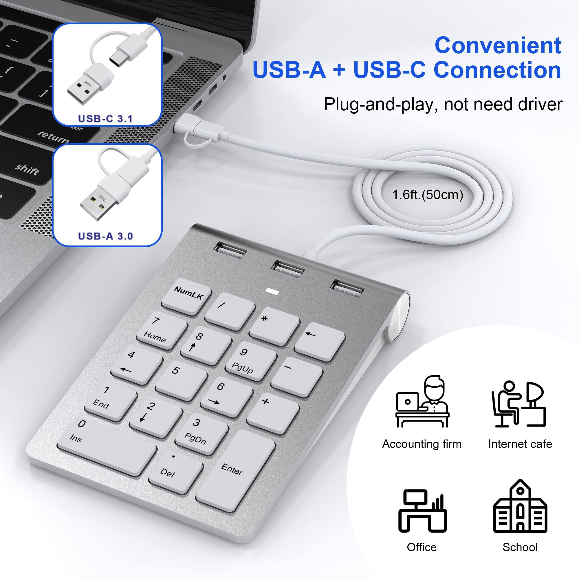 Convenient USB-A + USB-C Connection  
Plug-and-play, not need driver  

USB-C 3.1  
USB-A 3.0  

1.6ft. (50cm)  

Accounting firm  
Internet cafe  
Office  
School