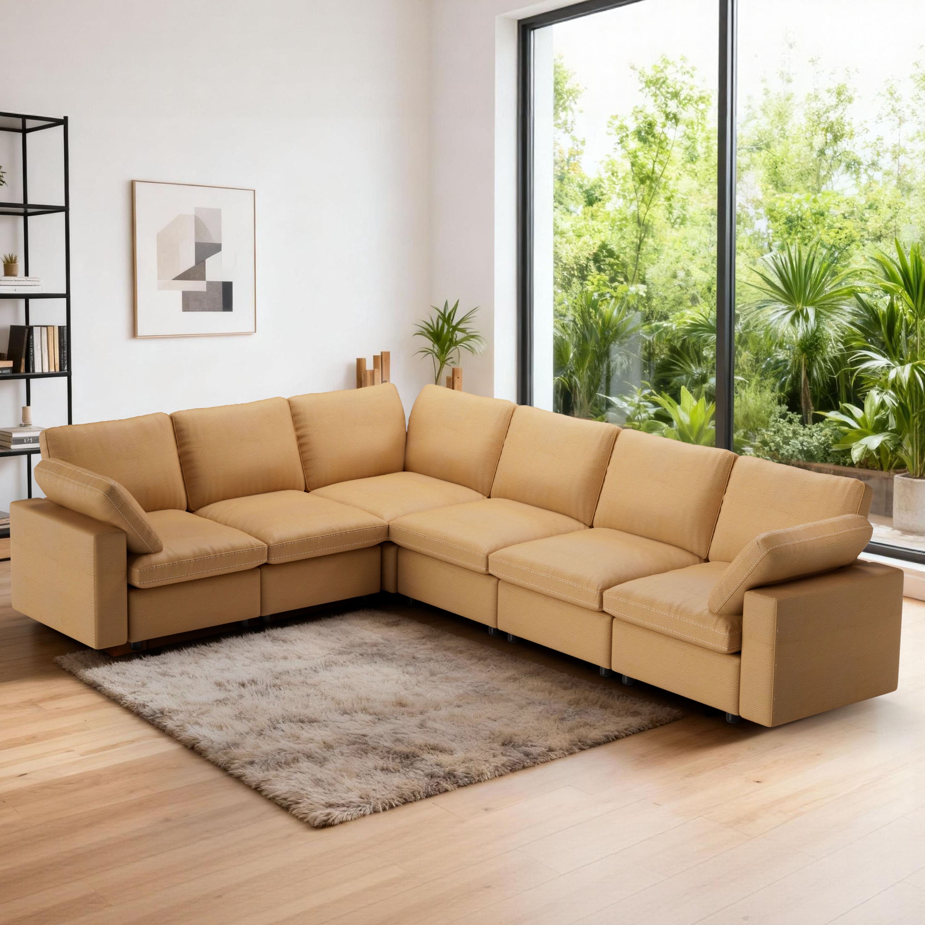 Dyonery - new cat scratch leather sofa, 7-seater, 130-inch oversized sofa, solid wood legs - Yellow