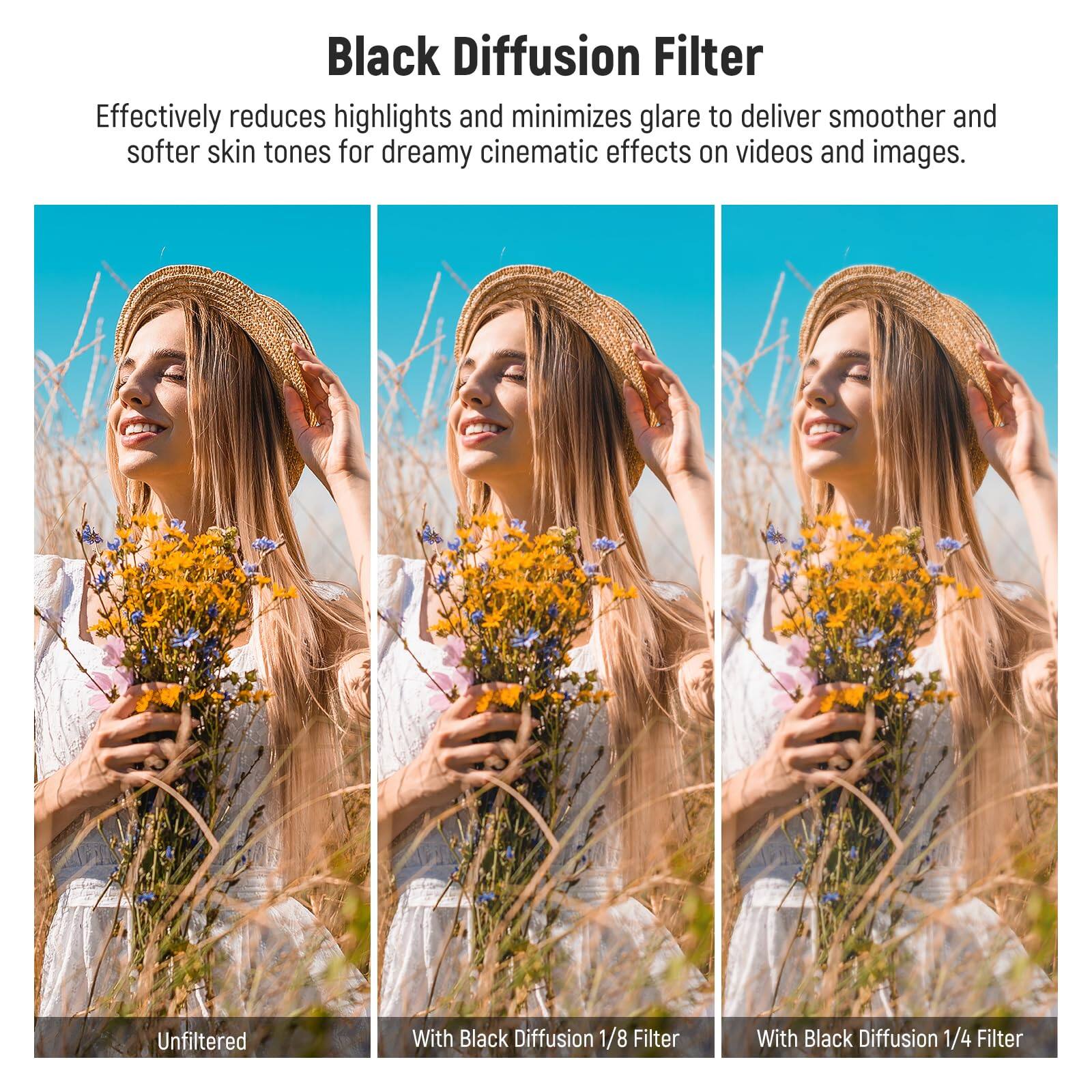 Black Diffusion Filter  
Effectively reduces highlights and minimizes glare to deliver smoother and softer skin tones for dreamy cinematic effects on videos and images.

Unfiltered  
With Black Diffusion 1/8 Filter  
With Black Diffusion 1/4 Filter