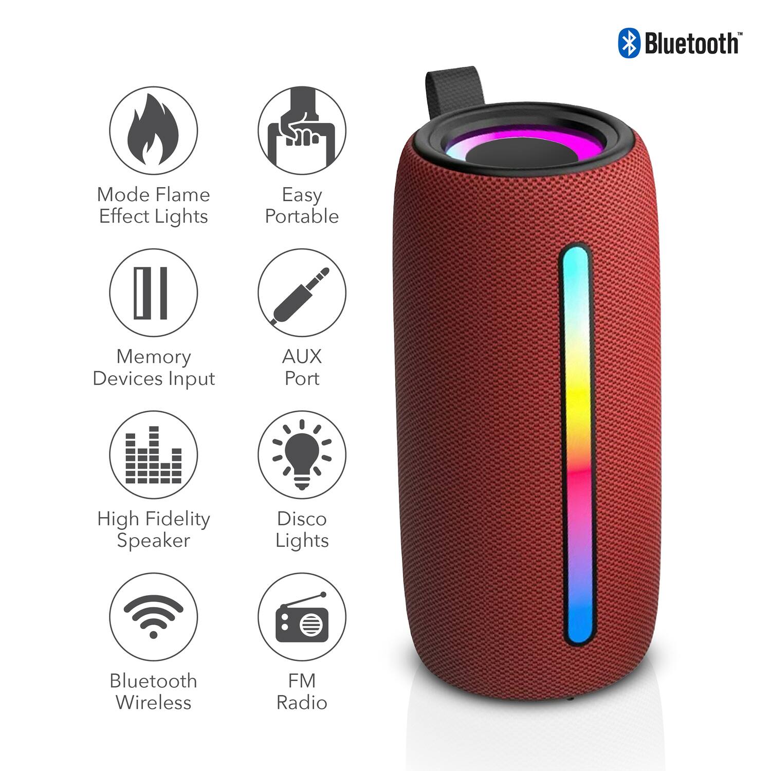 Bluetooth Mode Flame Effect Lights  
Easy Portable  
Memory Devices Input  
AUX Port  
High Fidelity Speaker  
Disco Lights  
Bluetooth Wireless  
FM Radio