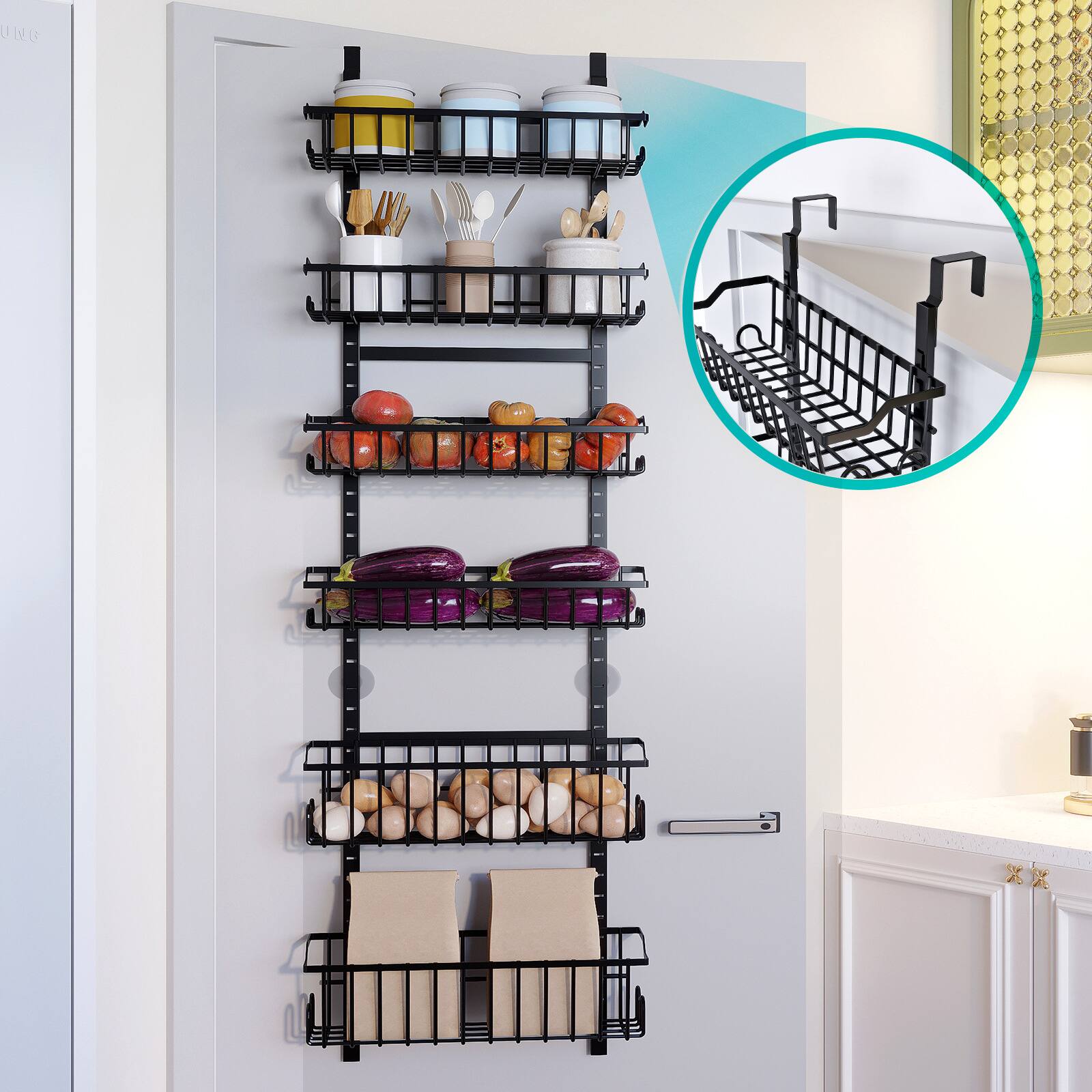 Angle. GARVEE - Over The Door Pantry Organizer, Hanging Door Organizer with Adjustable Detachable Basket, Suction Cups,Black - Black.
