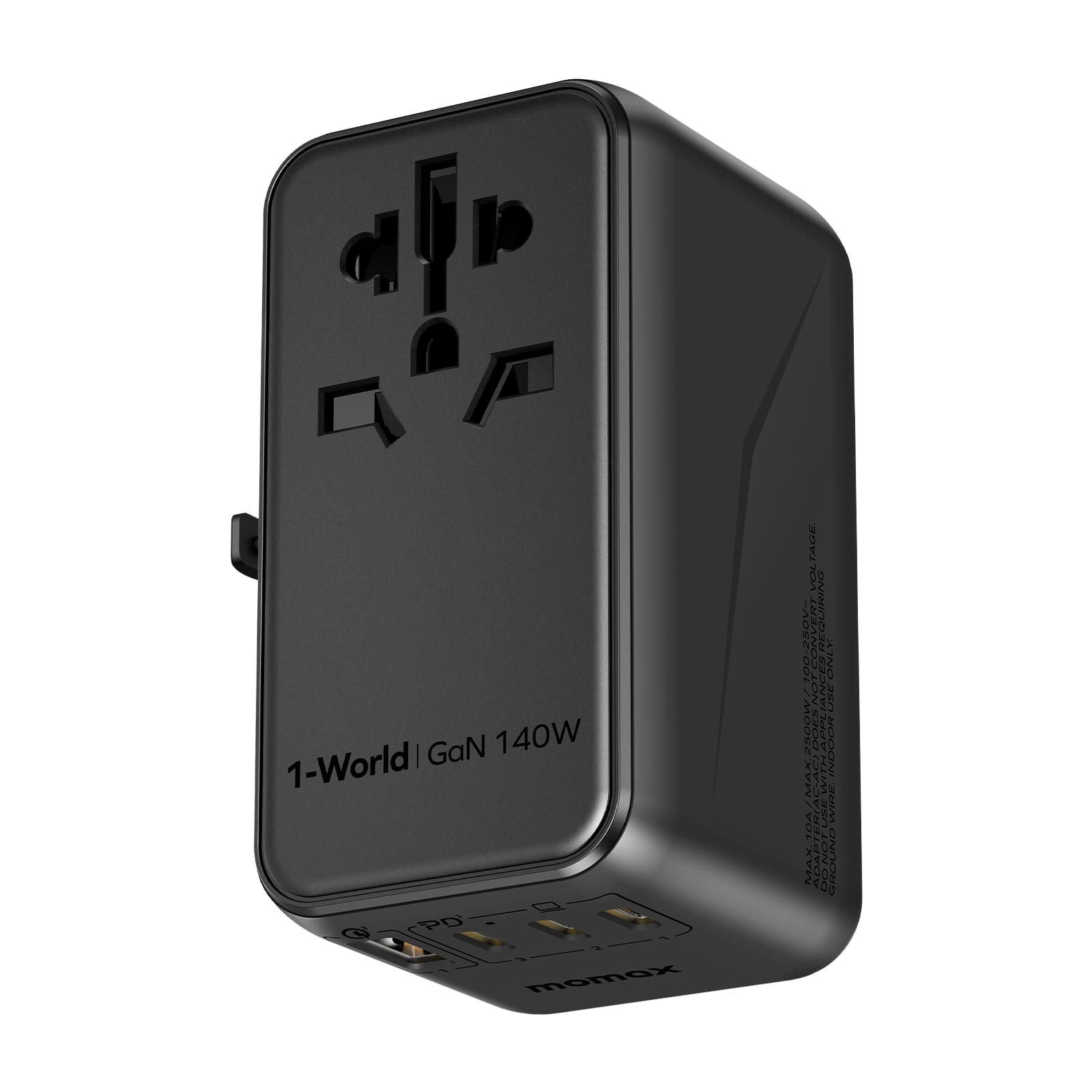 Momax - 5-in-1 Universal Travel Adapter, GaN 140W International Power Adapter, All-in-one International Plug Adapter for Travel - Black