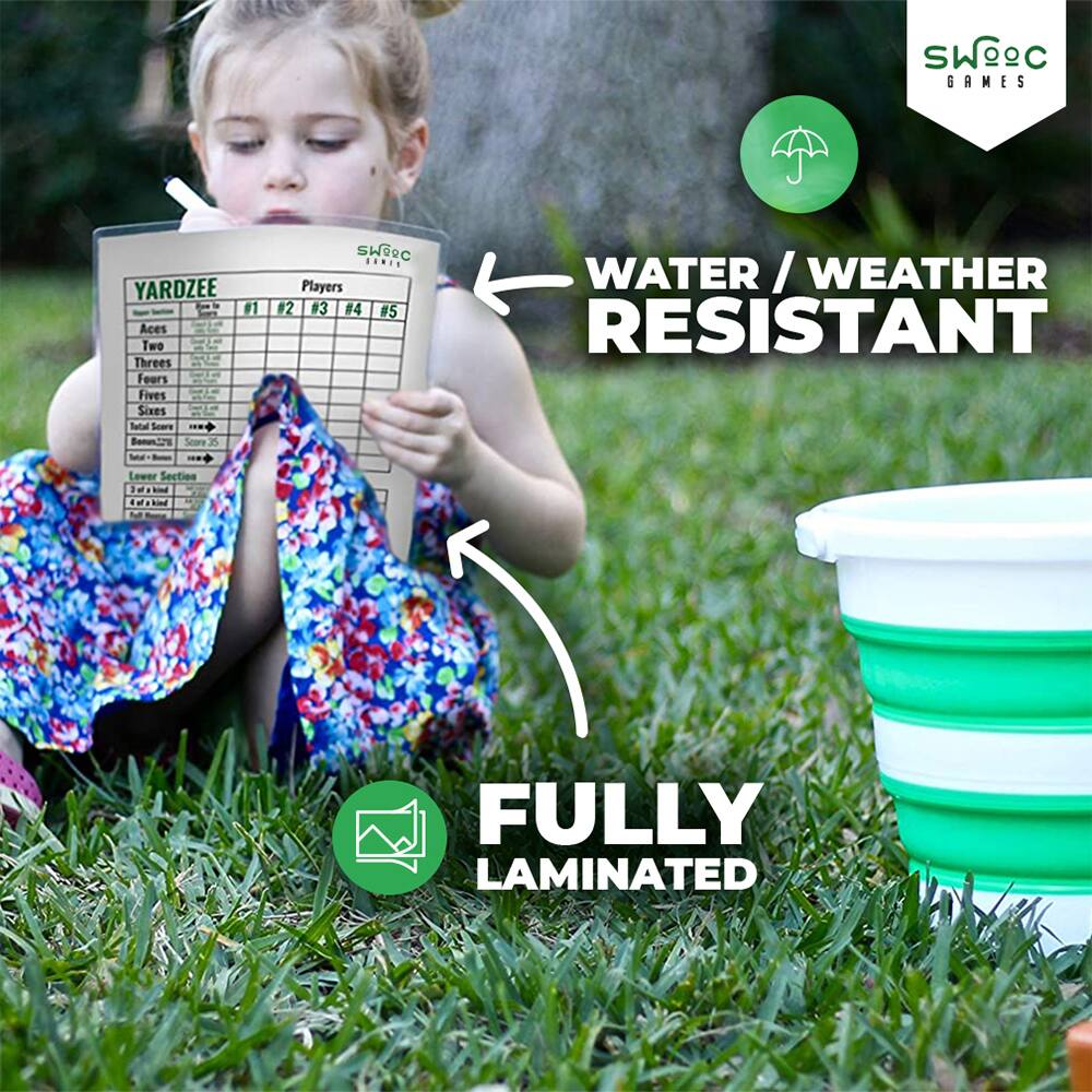 SWC GAMES YARDZEE  
#1 Aces Two Threes Fours Fives Sixes Total Score Bonus Score 35 3 SWRC  
#2 #3 #4 #5  

WATER / WEATHER RESISTANT  
FULLY LAMINATED