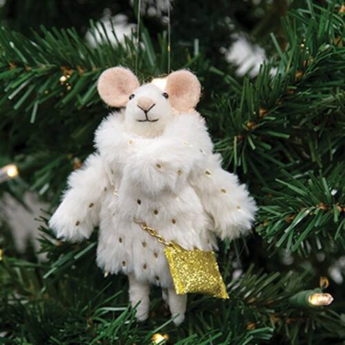 Angle. BreeBe - Christmas Fur Coat Mouse Felted Ornament - White.