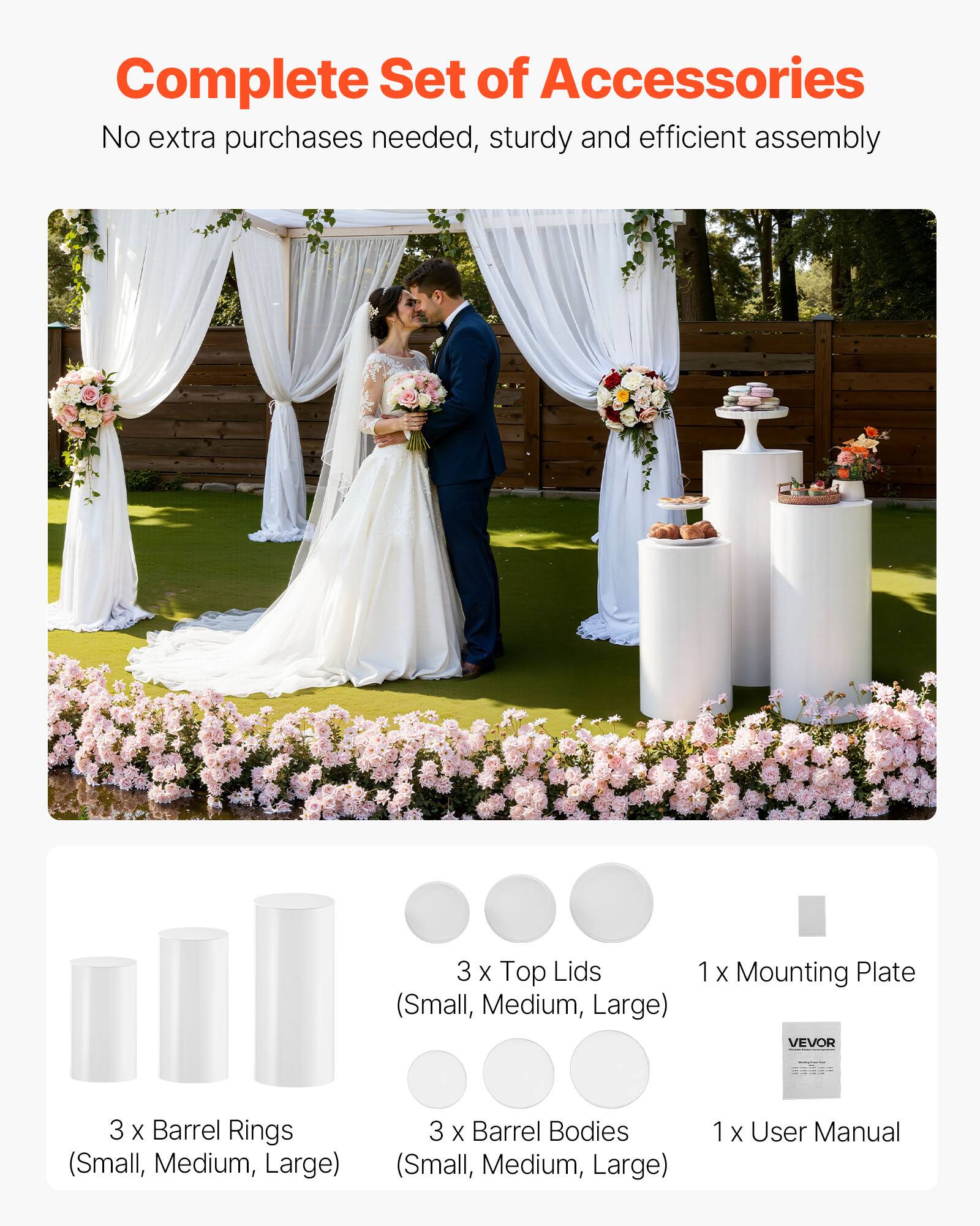 Complete Set of Accessories  
No extra purchases needed, sturdy and efficient assembly  

3 x Top Lids (Small, Medium, Large)  
1 x Mounting Plate  
3 x Barrel Rings (Small, Medium, Large)  
3 x Barrel Bodies (Small, Medium, Large)  
1 x User Manual