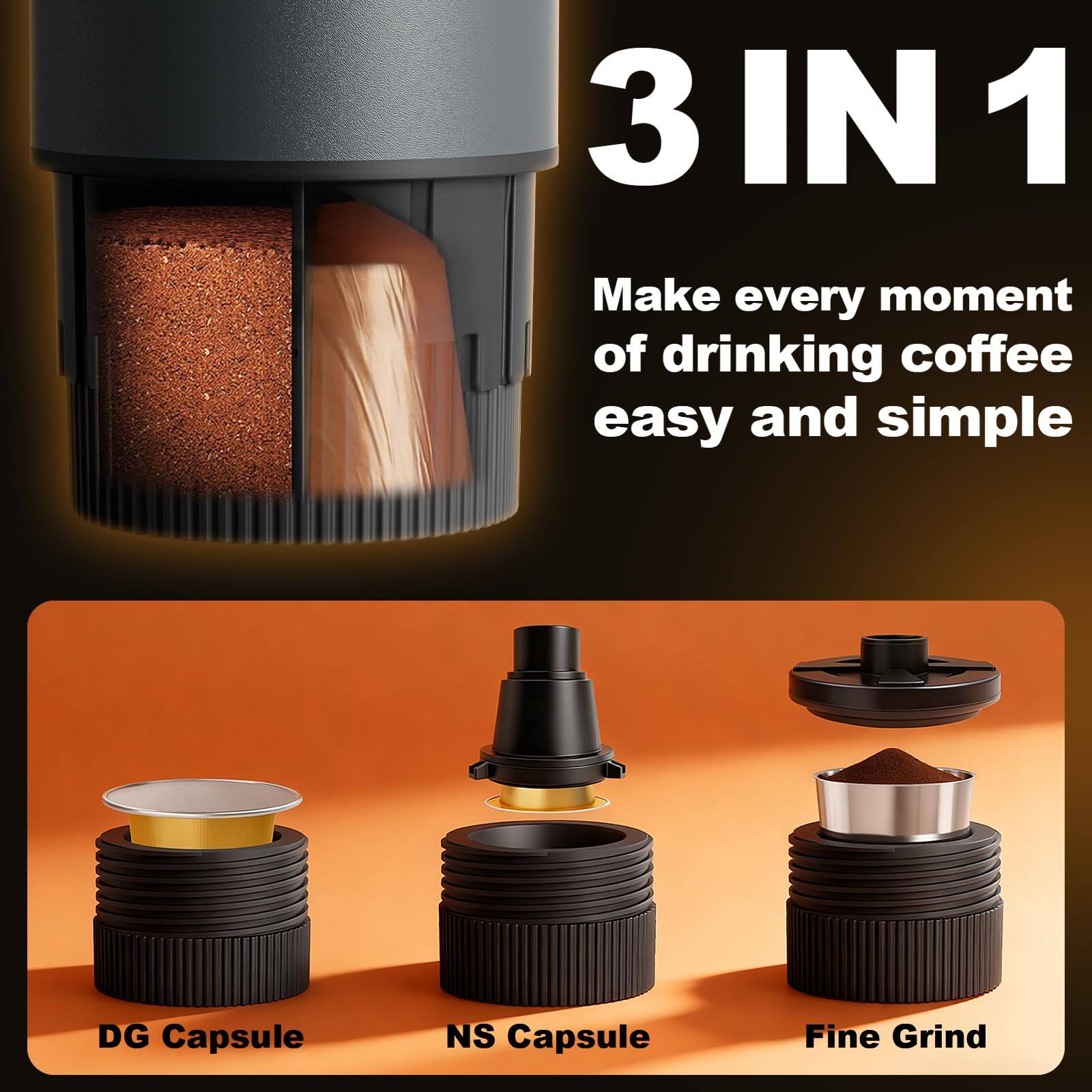 3 IN 1  
Make every moment of drinking coffee easy and simple  

DG Capsule  
NS Capsule  
Fine Grind