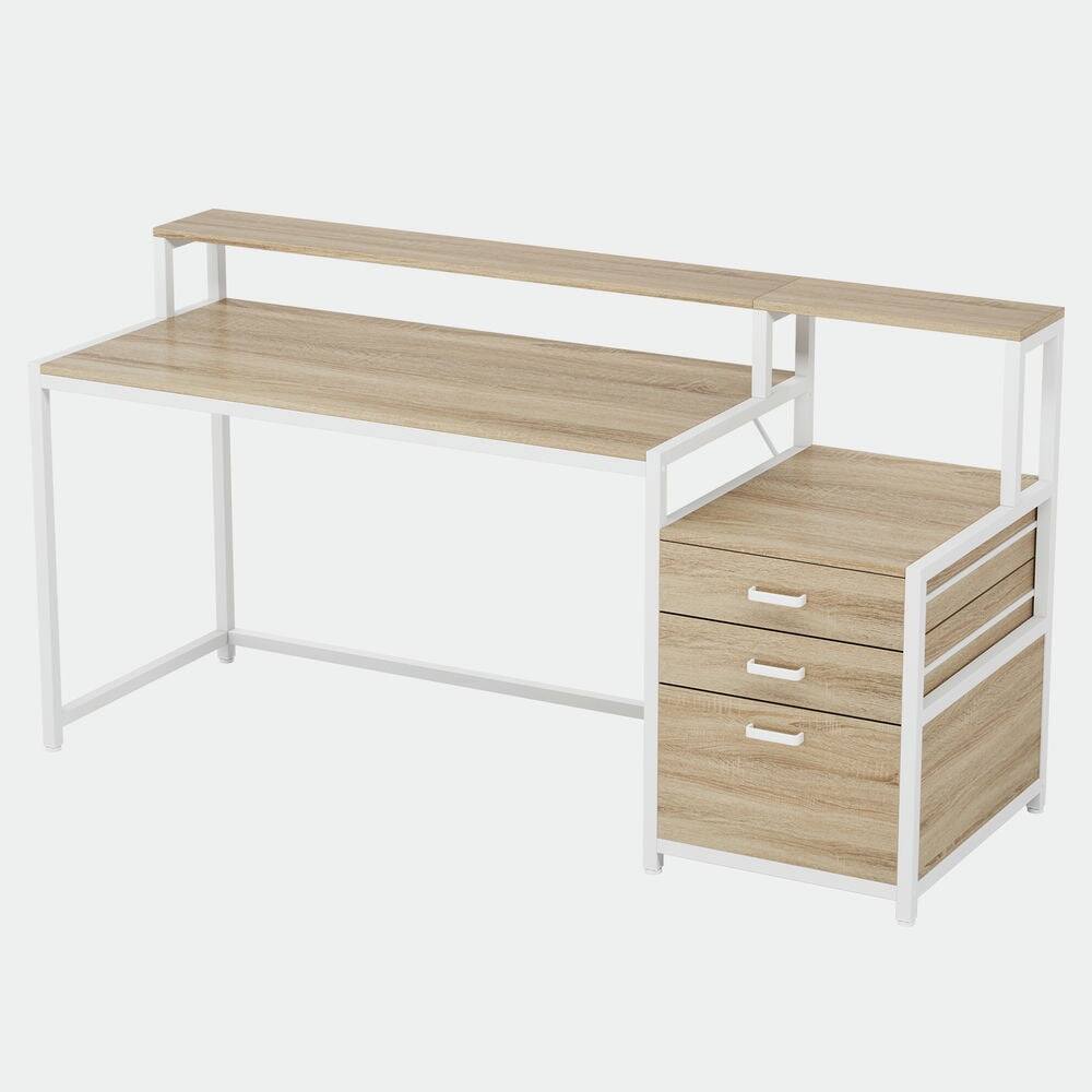 Left. Resenkos - Kadyn Study Writing Desk,63" Computer Desk, Ergonomic Office Desk with Drawers & Monitor Stand,Natural & White - Beige.