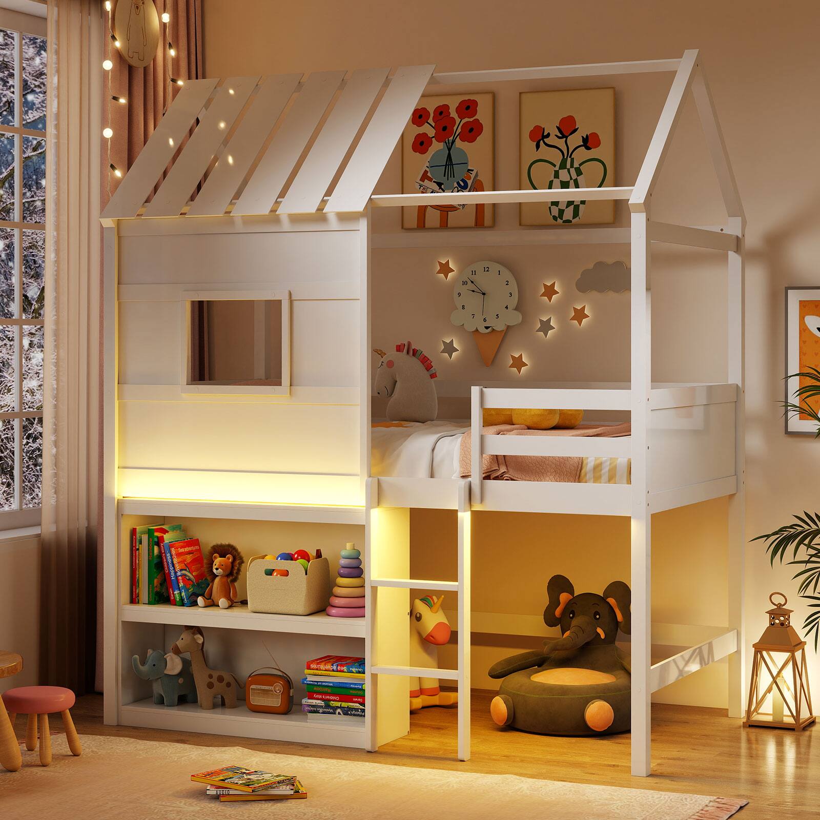 Alt View 1. Gymax - Gymax Twin Size Loft Bed w/ LED Lights & Roof Window & Storage Bookshelf & Guardrails - White.