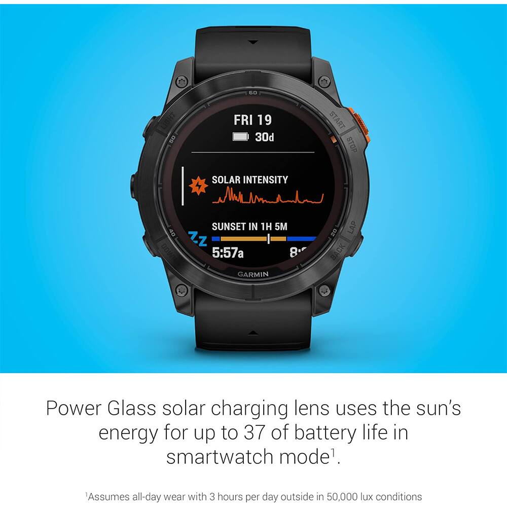 **FRI 19**  
30d  

**SOLAR INTENSITY**  
SUNSET IN 1H 5M  

5:57a  

**Power Glass solar charging lens uses the sun's energy for up to 37% of battery life in smartwatch mode¹.**  

¹Assumes all-day wear with 3 hours per day outside in 50,000 lux conditions