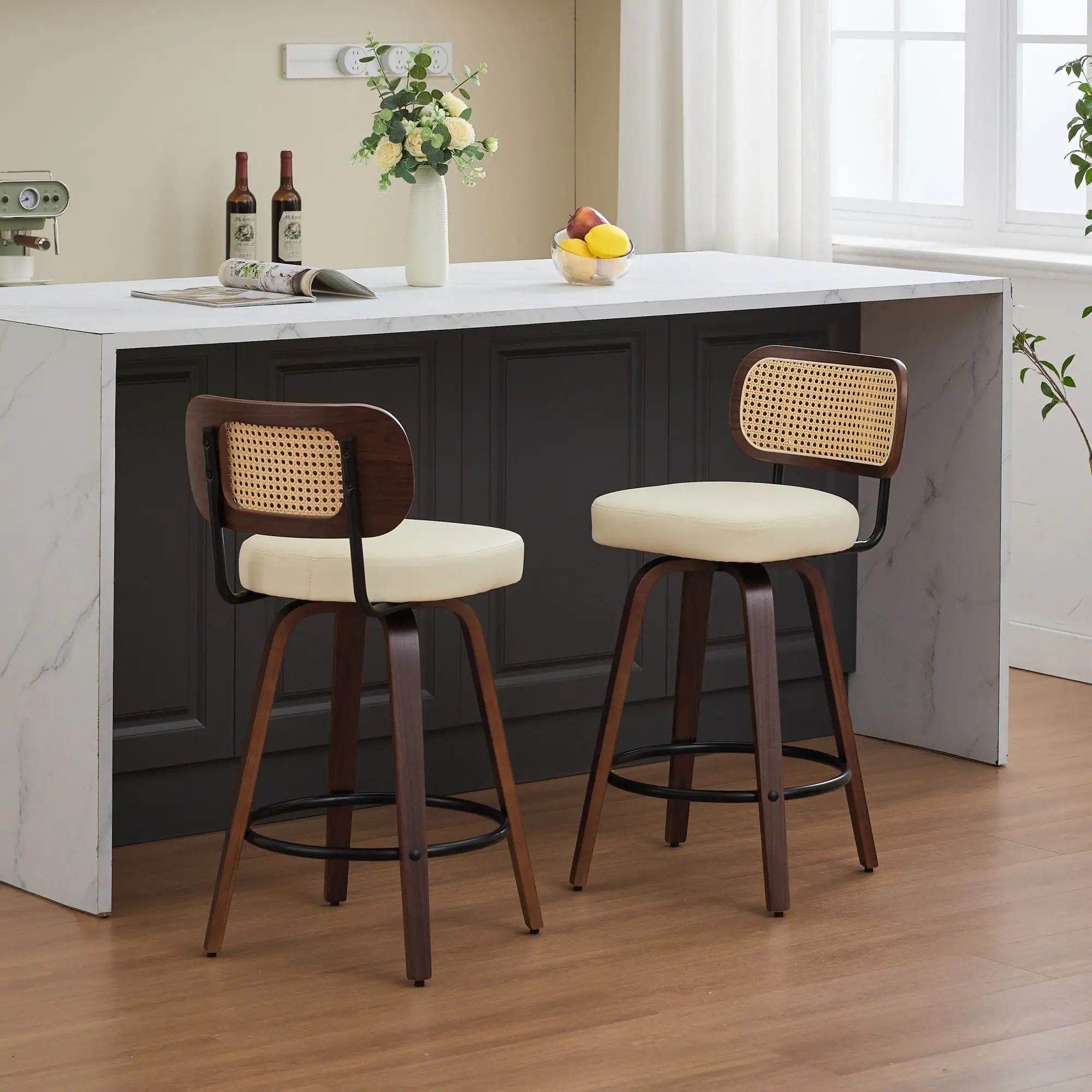 Angle. Boyel Living - 26 Inch Swivel Counter Height Bar Stools Set of 2 with Walnut Bentwood Legs - Beige.
