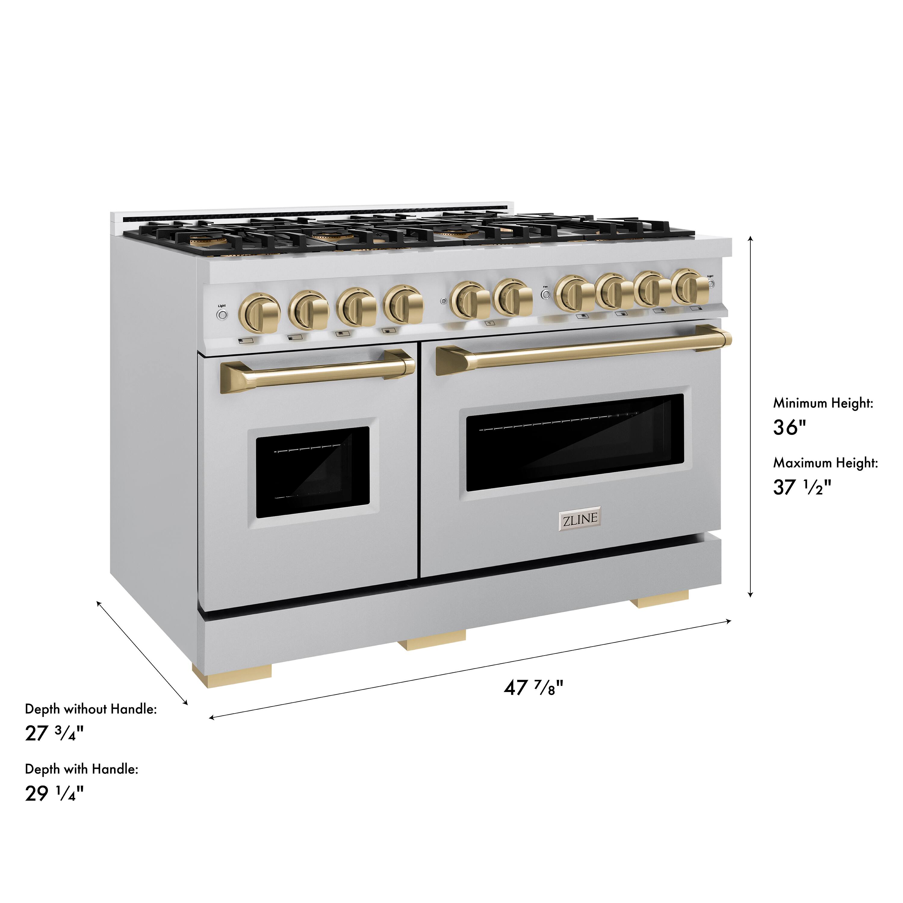 Minimum Height: 36"  
Maximum Height: 37 1/2"  
ZLINE Depth without Handle: 27 3/4"  
Depth with Handle: 29 1/4"