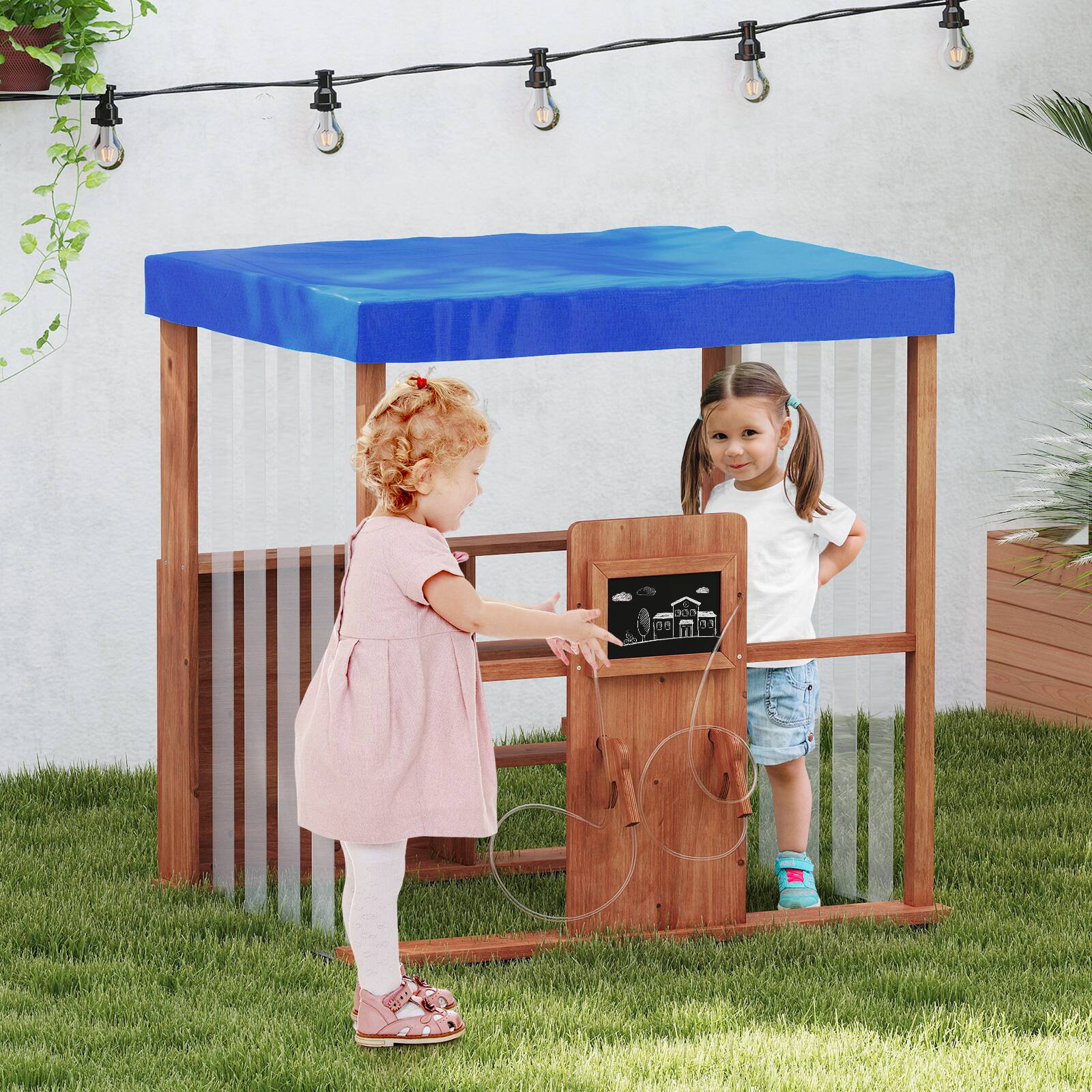 Alt View 1. Gymax - Gymax Kids Gas Station Playhouse w/ Gas Refueling Guns Chalkboards & Storage Shelves - Blue, Brown.