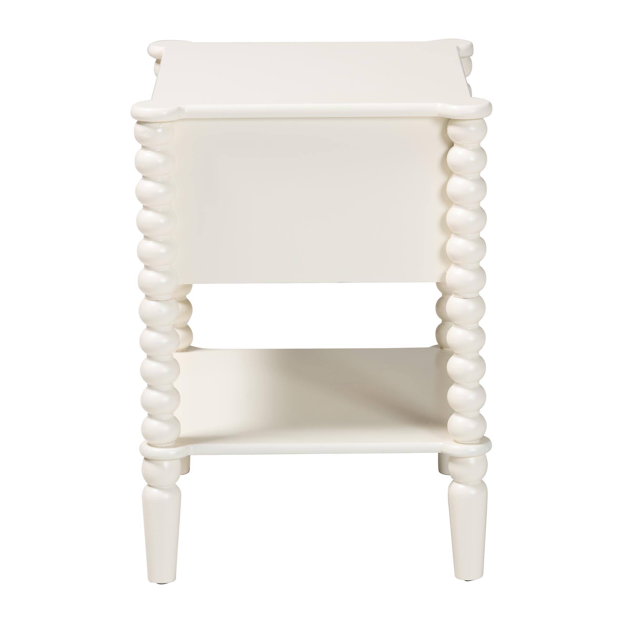 Back. Baxton Studio - Rimona End Table with Bobbin Legs - 1-Drawer Accent Table with Spindle Turned Legs and Open Shelf - White.