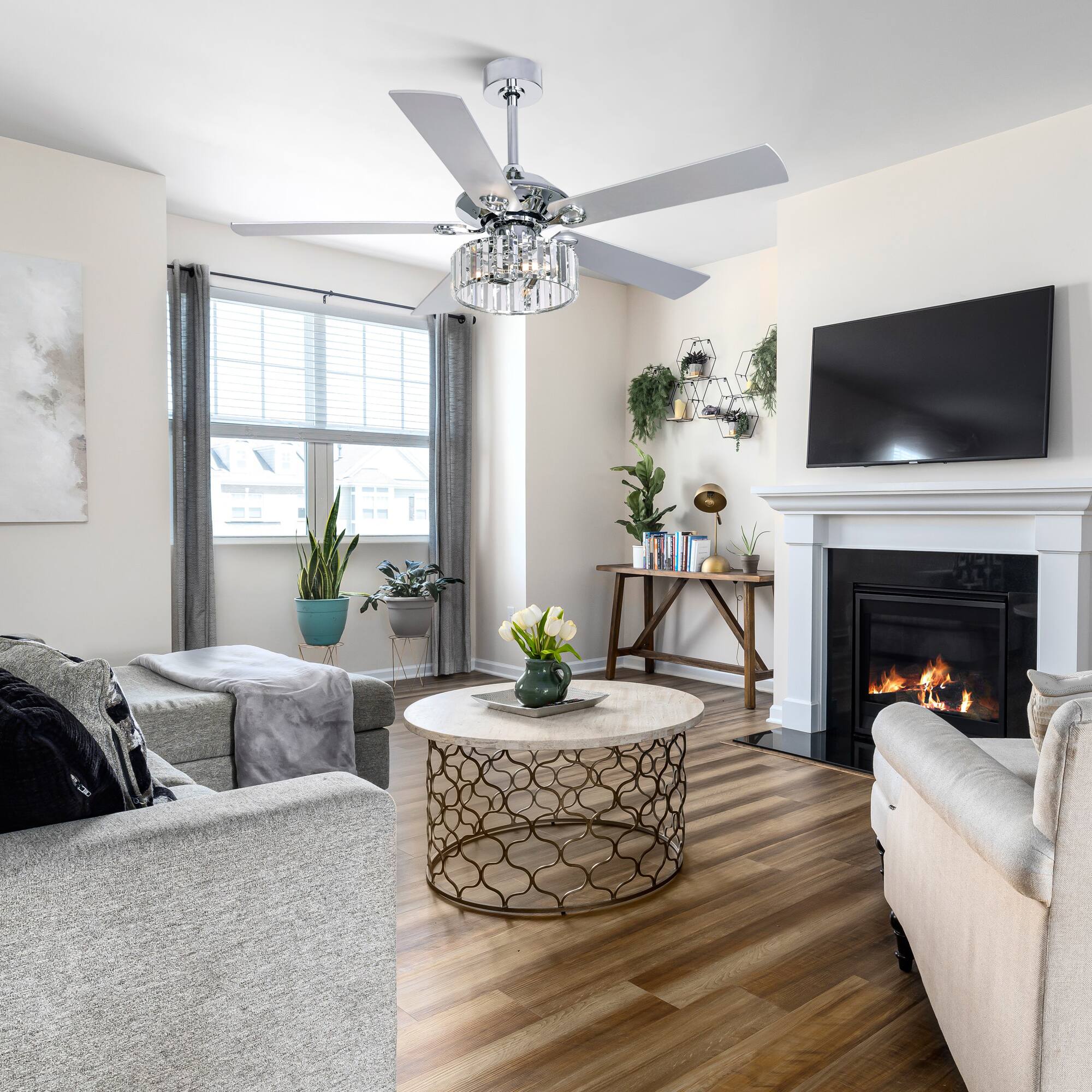 Alt View 4. Breezary - 52" Indoor Chandelier Ceiling Fan with Silver Blades & Crystal E12 Triple Light - Remote Included (5-Blade) - Chrome.