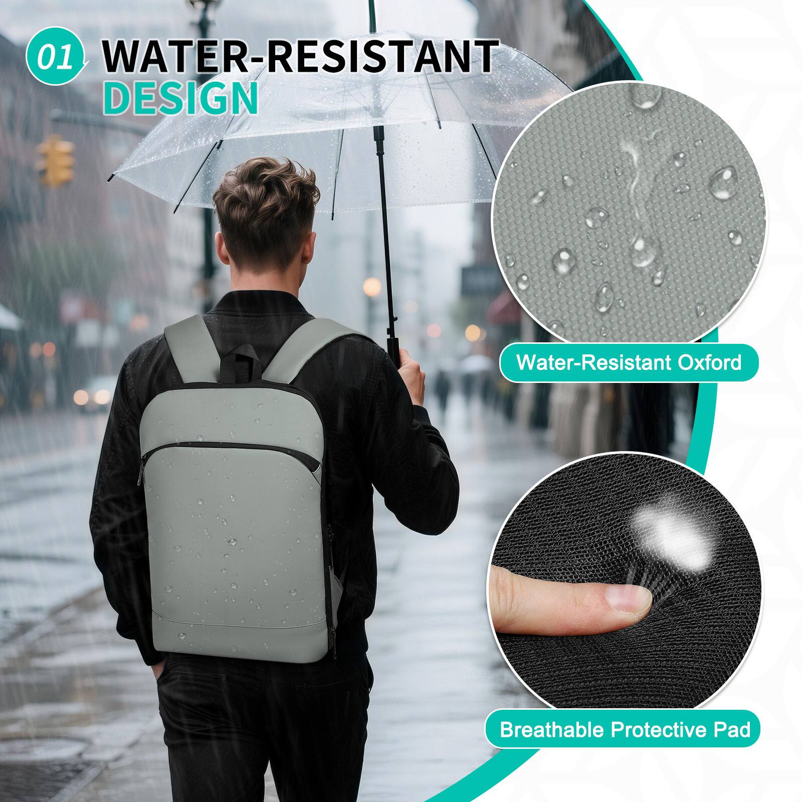 01 WATER-RESISTANT DESIGN  
Water-Resistant Oxford  
Breathable Protective Pad