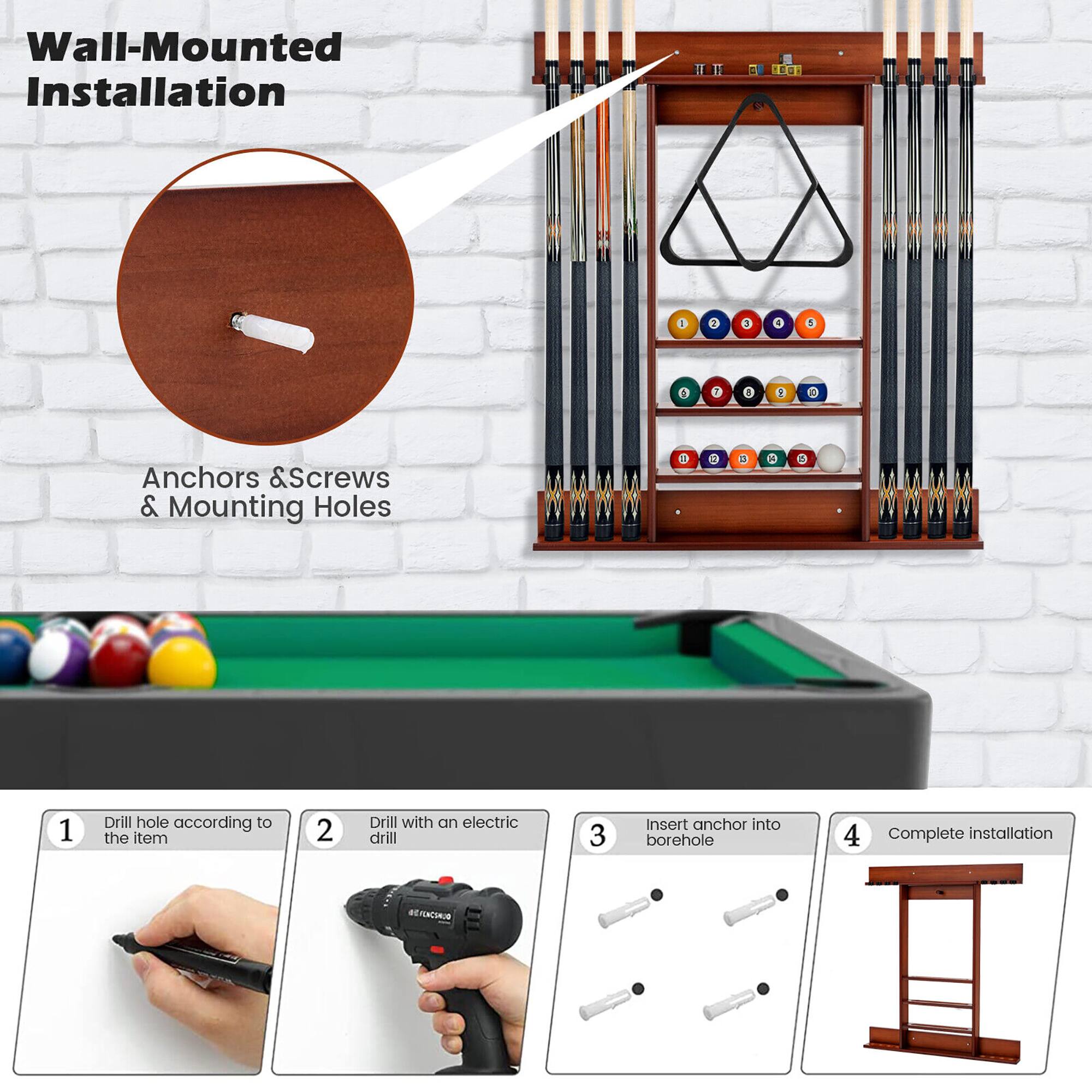 Wall-Mounted Installation

1. Drill hole according to the item
2. Drill with an electric drill
3. Insert anchor into borehole
4. Complete installation

Anchors & Screws & Mounting Holes
